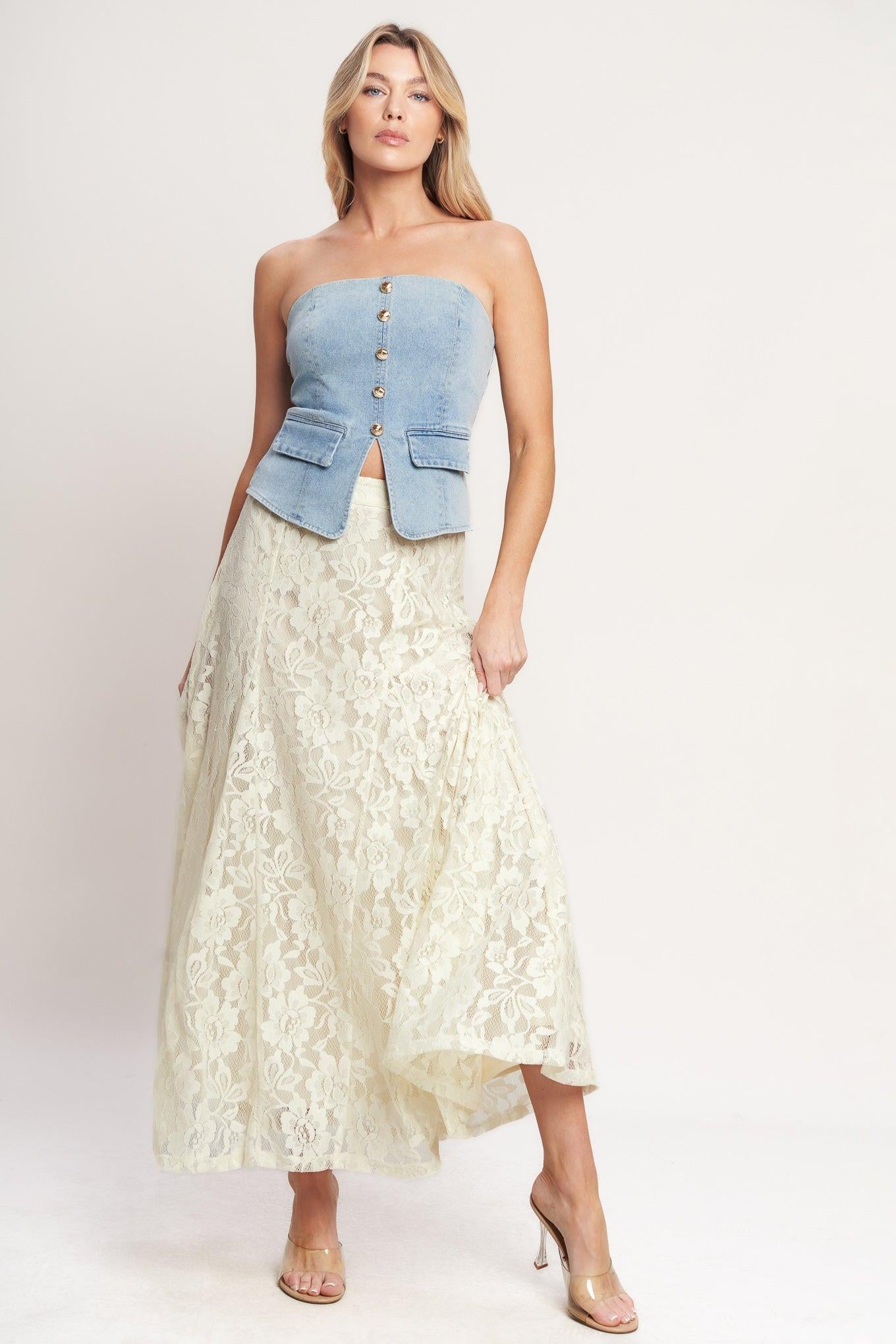 A midi woven lace skirt with side zipper closure. Matching top IT14081B
Details:
Self : 90% Nylon 10% Spandex
Lining : 100% Polyester
Size & Fit
- Model is 5`8" And Wearing Size Small
- Measurements Taken From Size Small
- Approx. Length: 39"