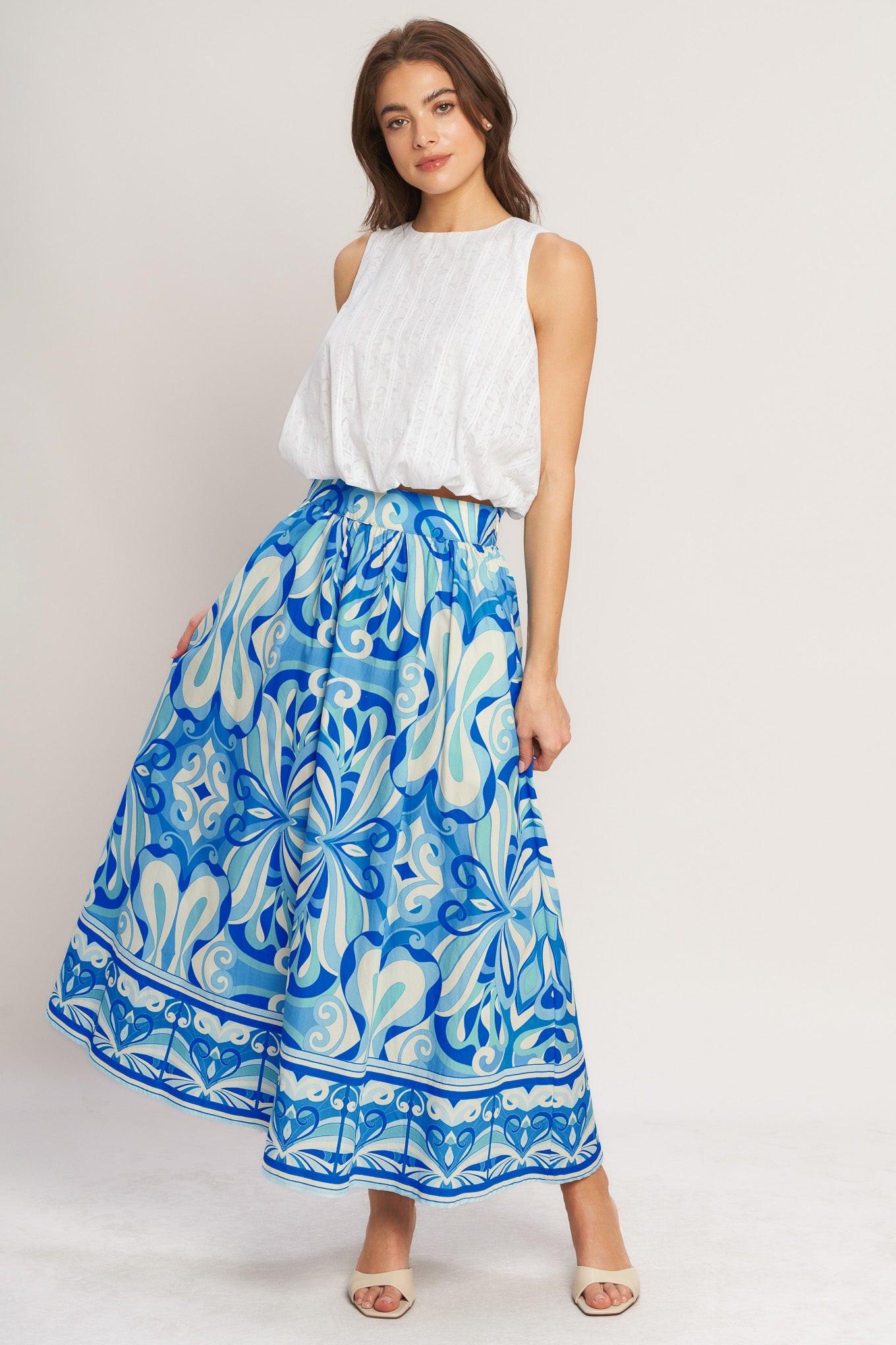 OCEAN WHIRL WOVEN FULL MIDI SKIRT.