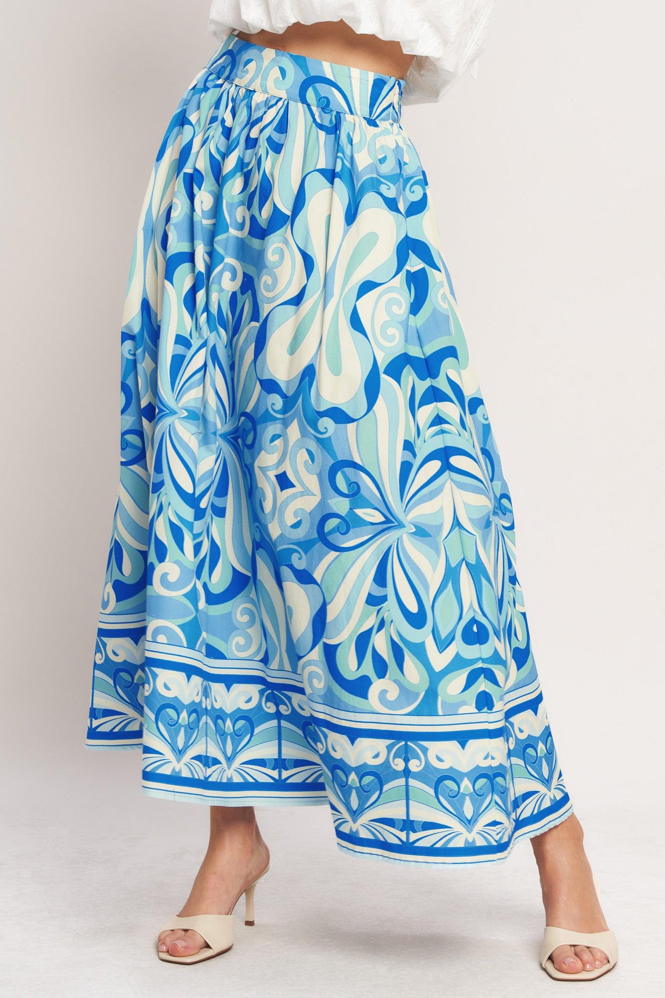 OCEAN WHIRL WOVEN FULL MIDI SKIRT.