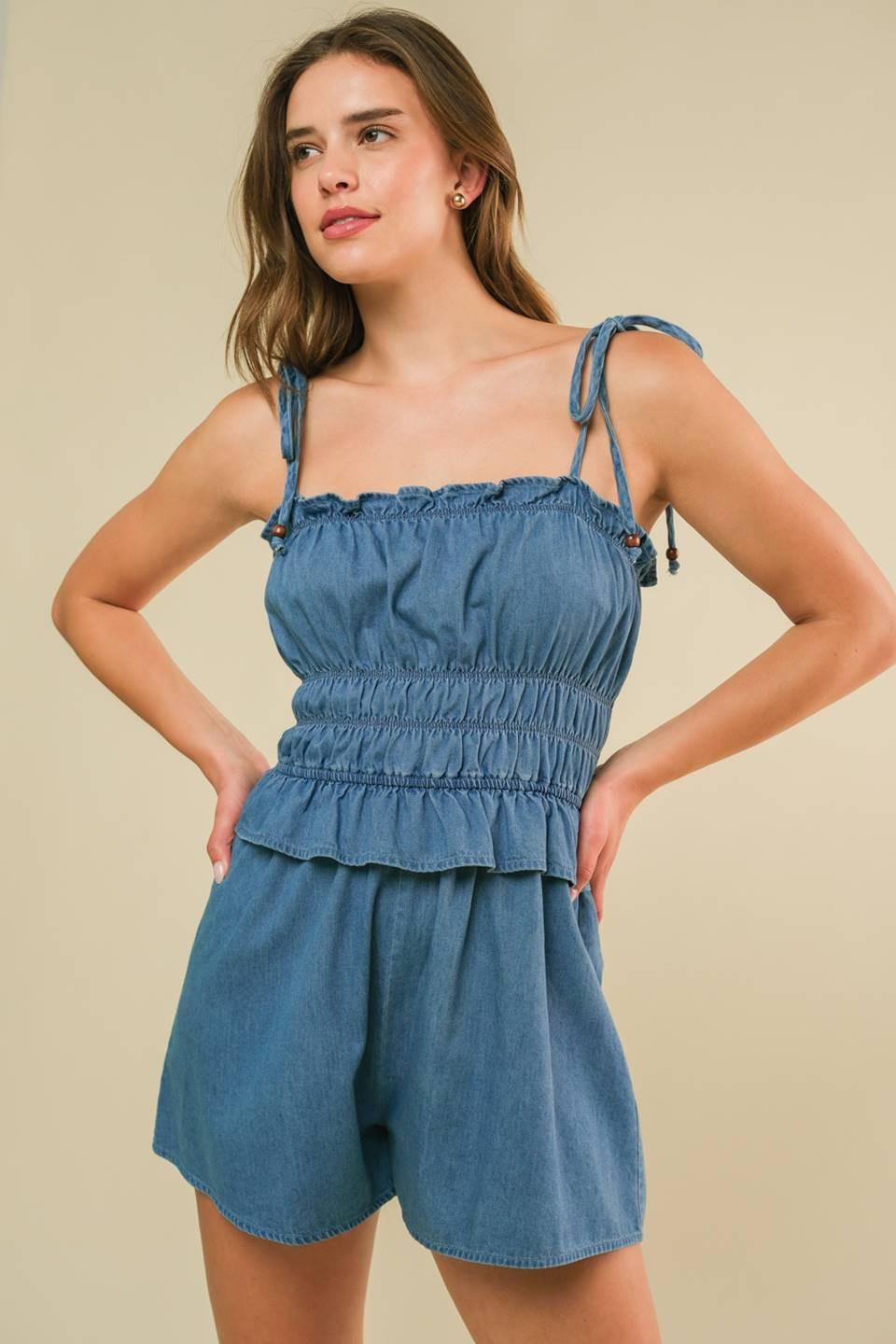 THRIVING ALL NIGHT DENIM ROMPER.