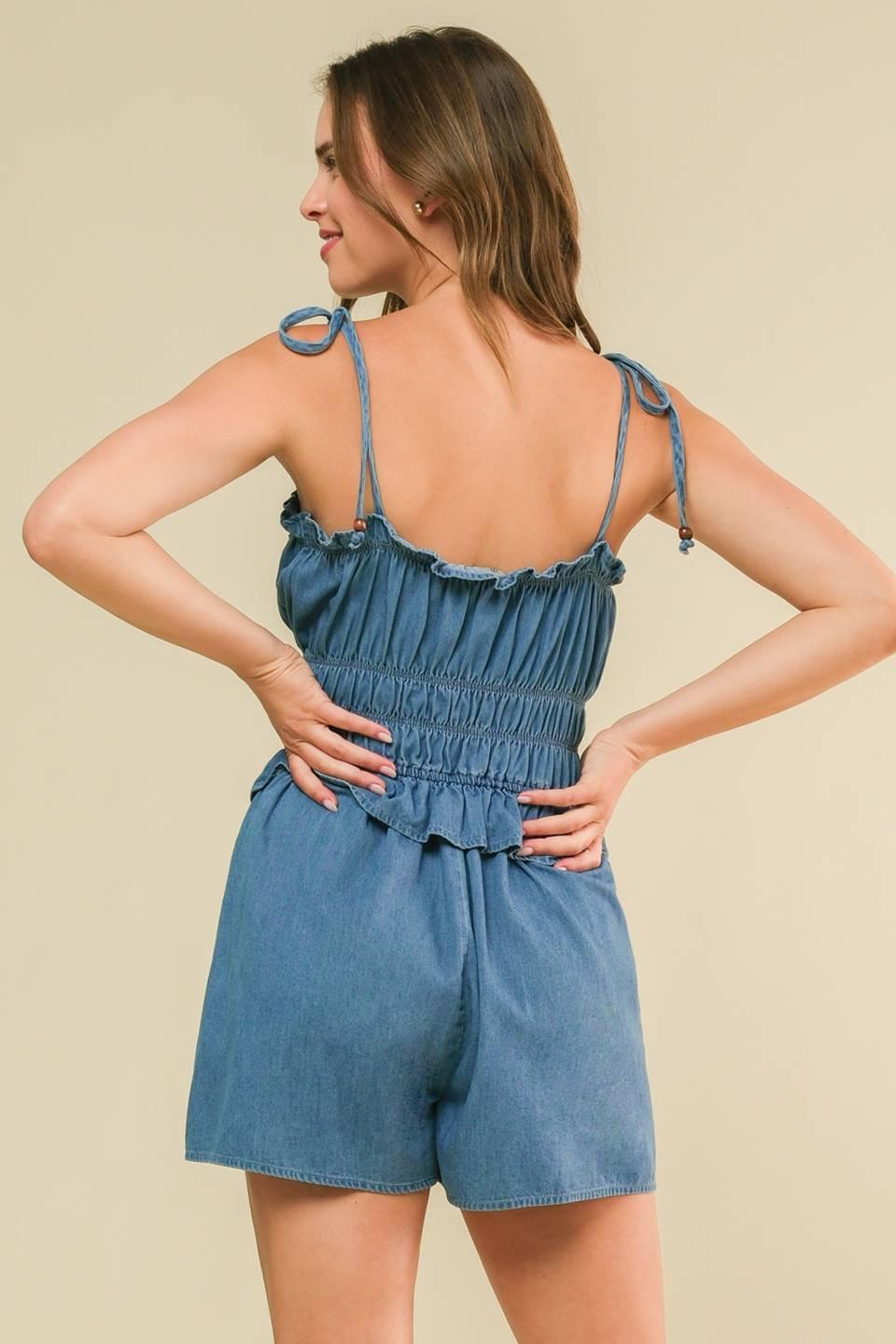 THRIVING ALL NIGHT DENIM ROMPER.