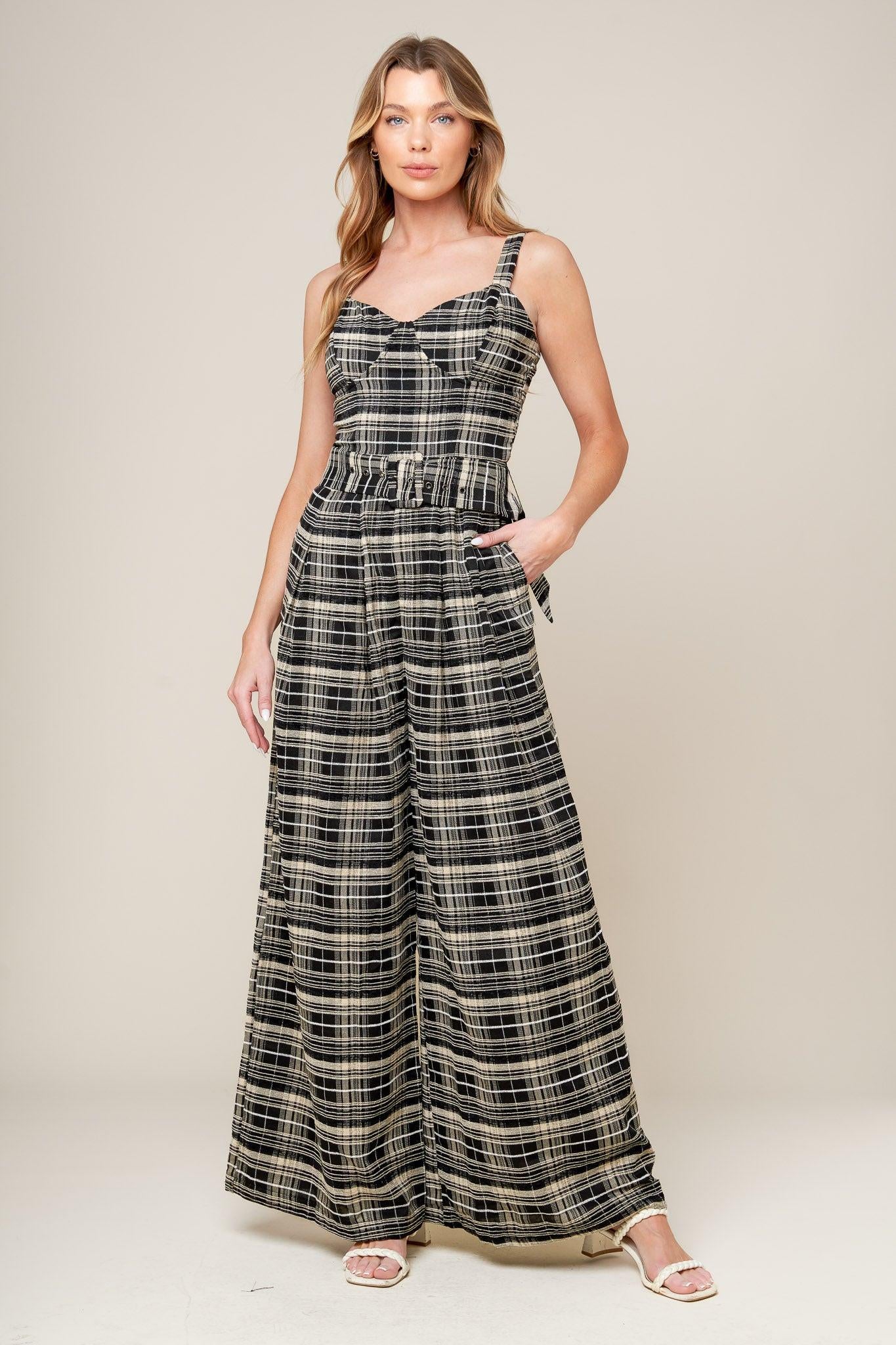 SAND DUNE WOVEN PLAID JUMPSUIT.
