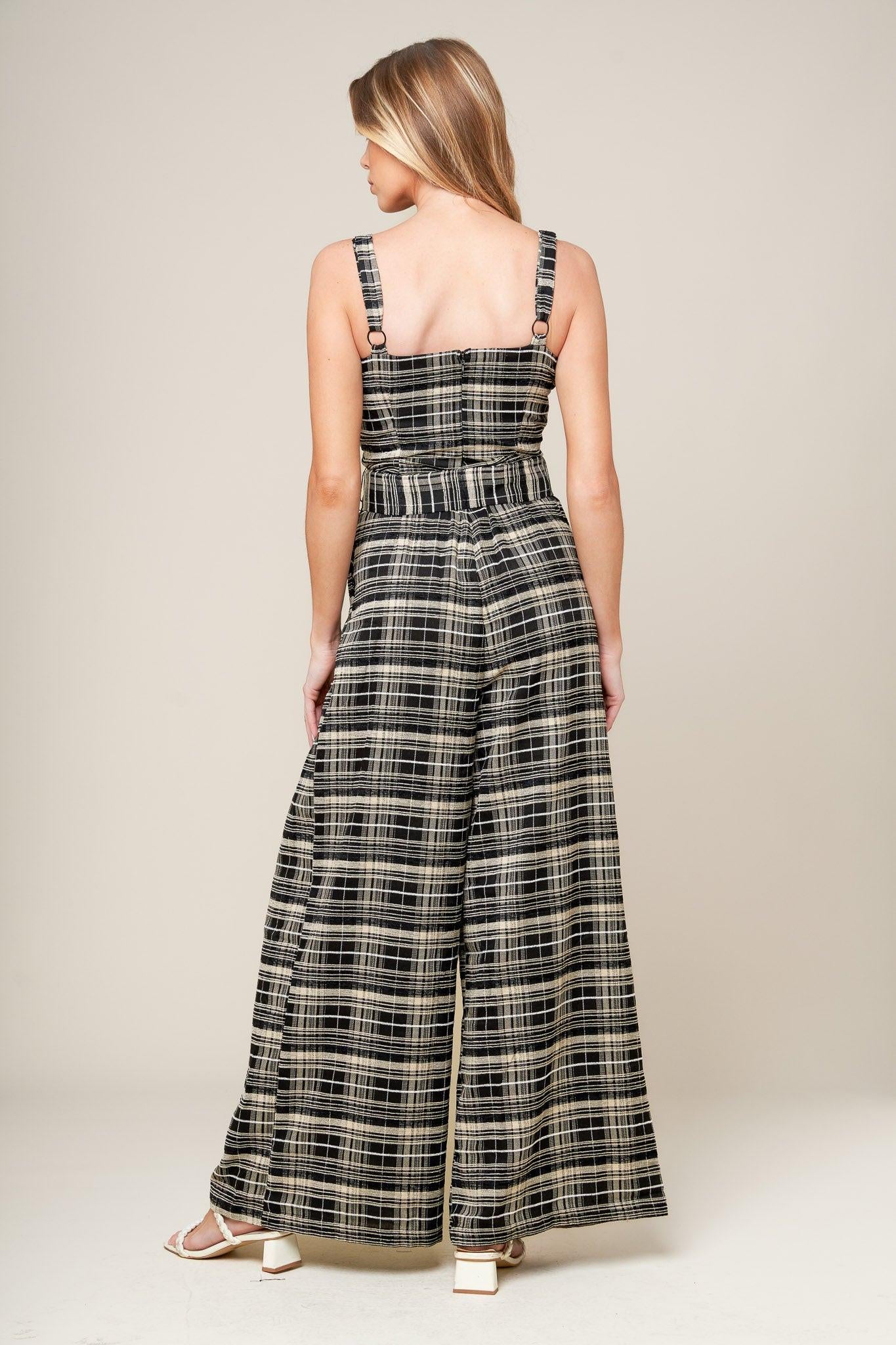 SAND DUNE WOVEN PLAID JUMPSUIT.