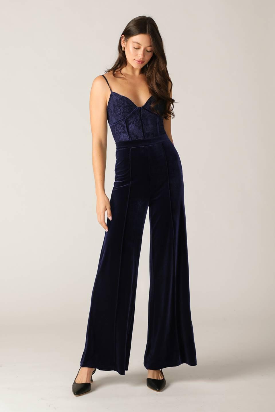 GLEAMING GLAM WOVEN LACE VELVET JUMPSUIT.