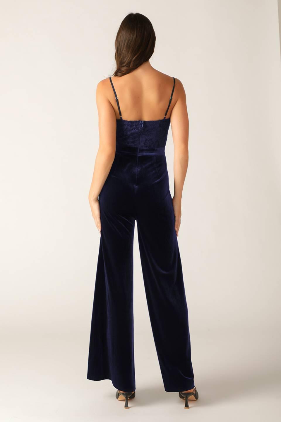 GLEAMING GLAM WOVEN LACE VELVET JUMPSUIT.