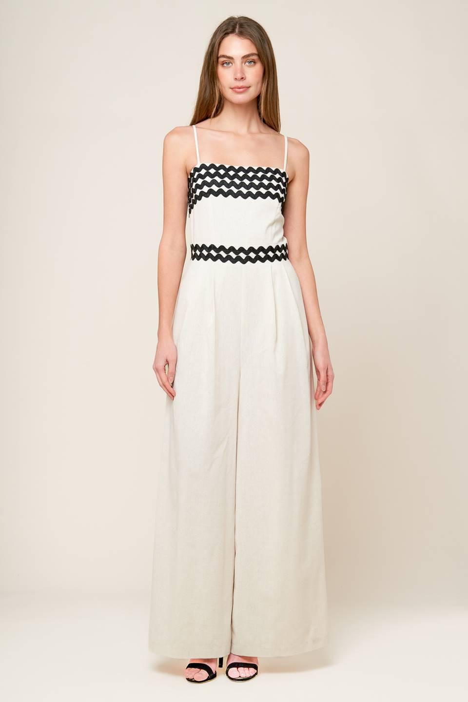 MEET AT THE PIER CREAM WOVEN JUMPSUIT.