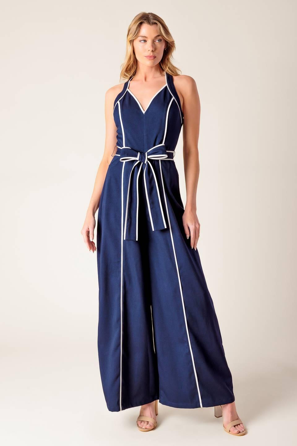LAYTON NAVY WOVEN JUMPSUIT.