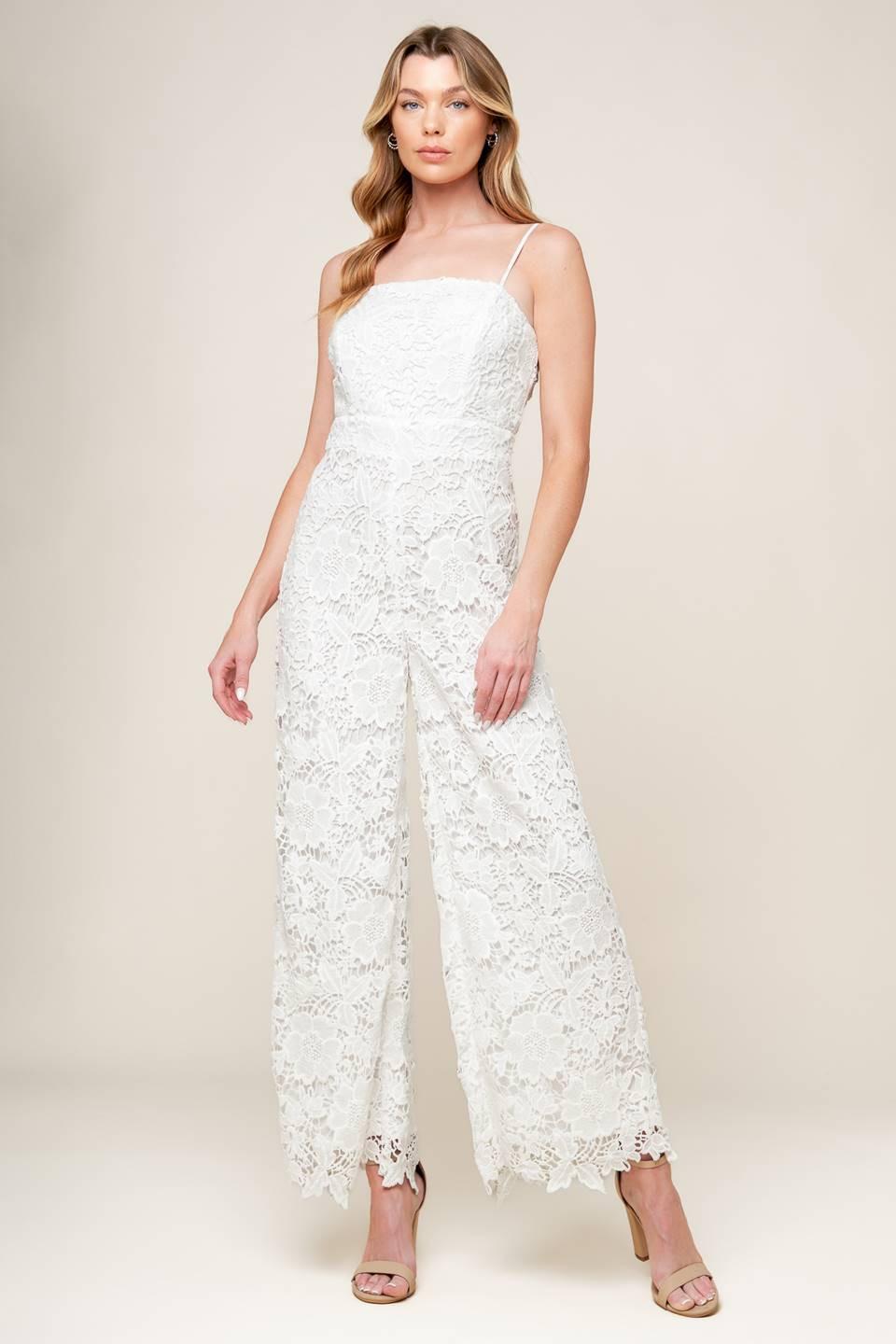 JUST ENOUGH OFF WHITE WOVEN LACE JUMPSUIT.