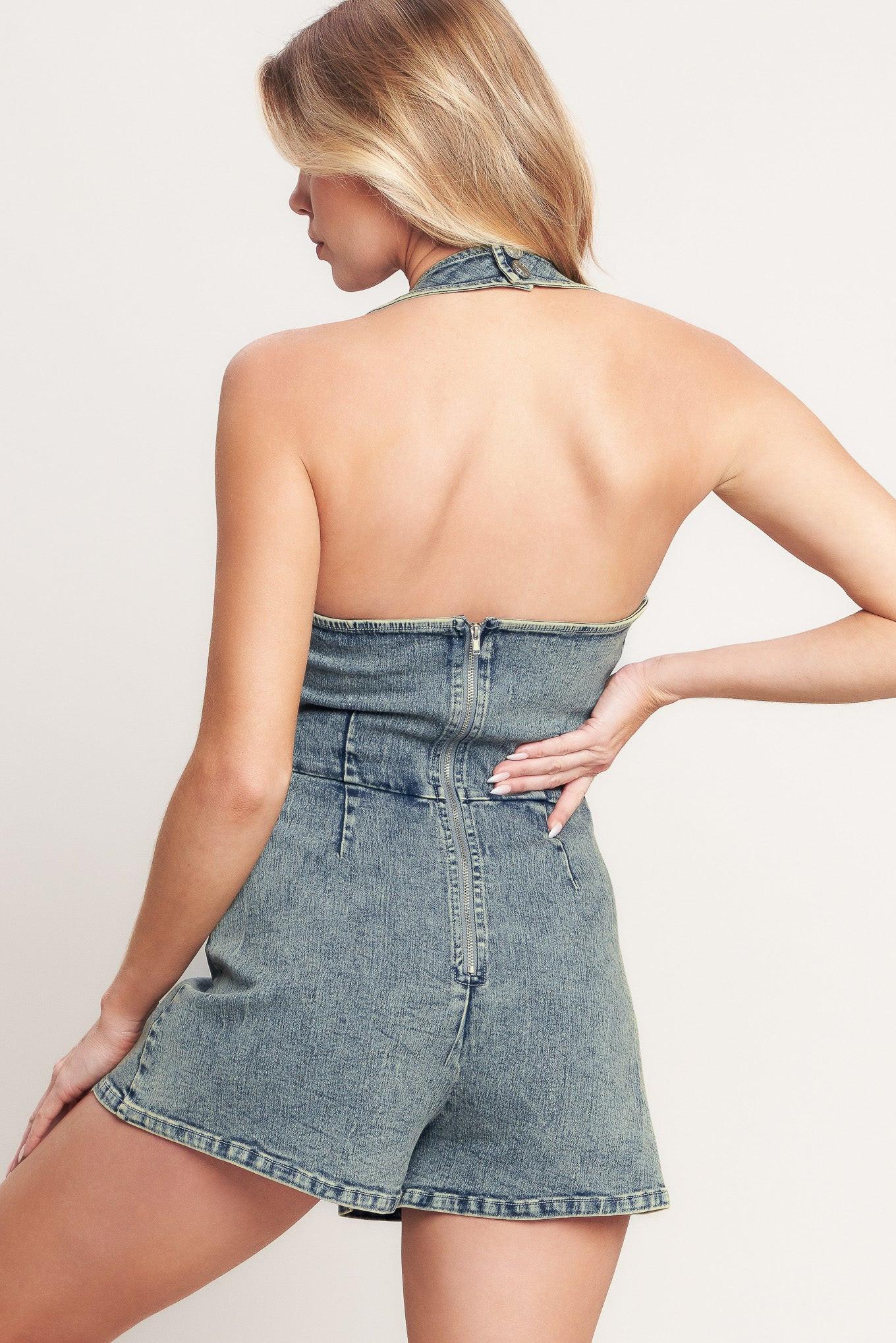 EVERYDAY ESCAPE DENIM ROMPER.