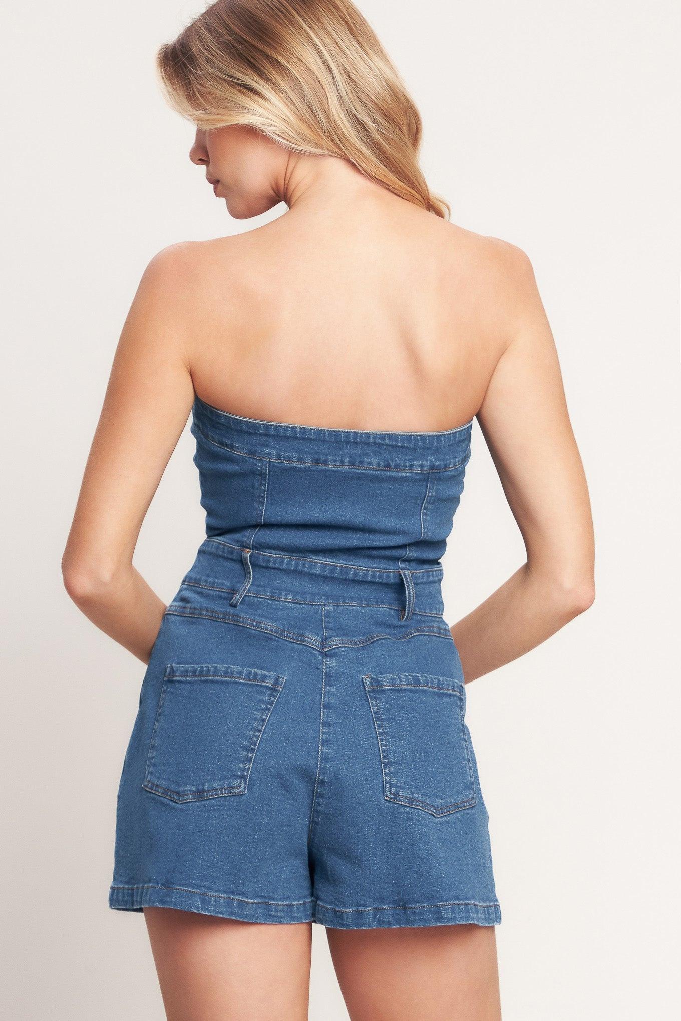 WEEKEND CRUSH DENIM ROMPER.