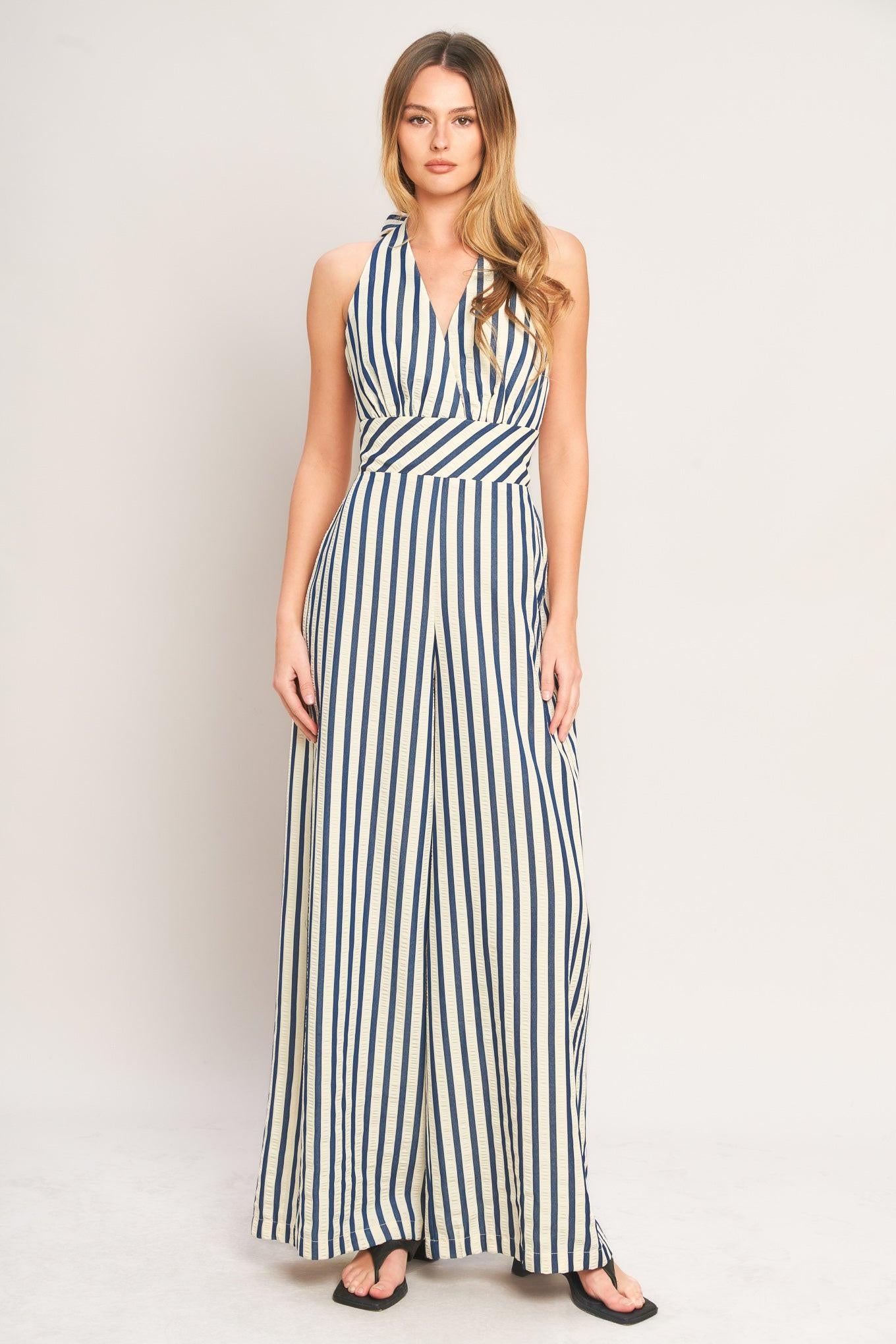 NAUTICAL BREEZE STRIPE WOVEN JUMPSUIT.