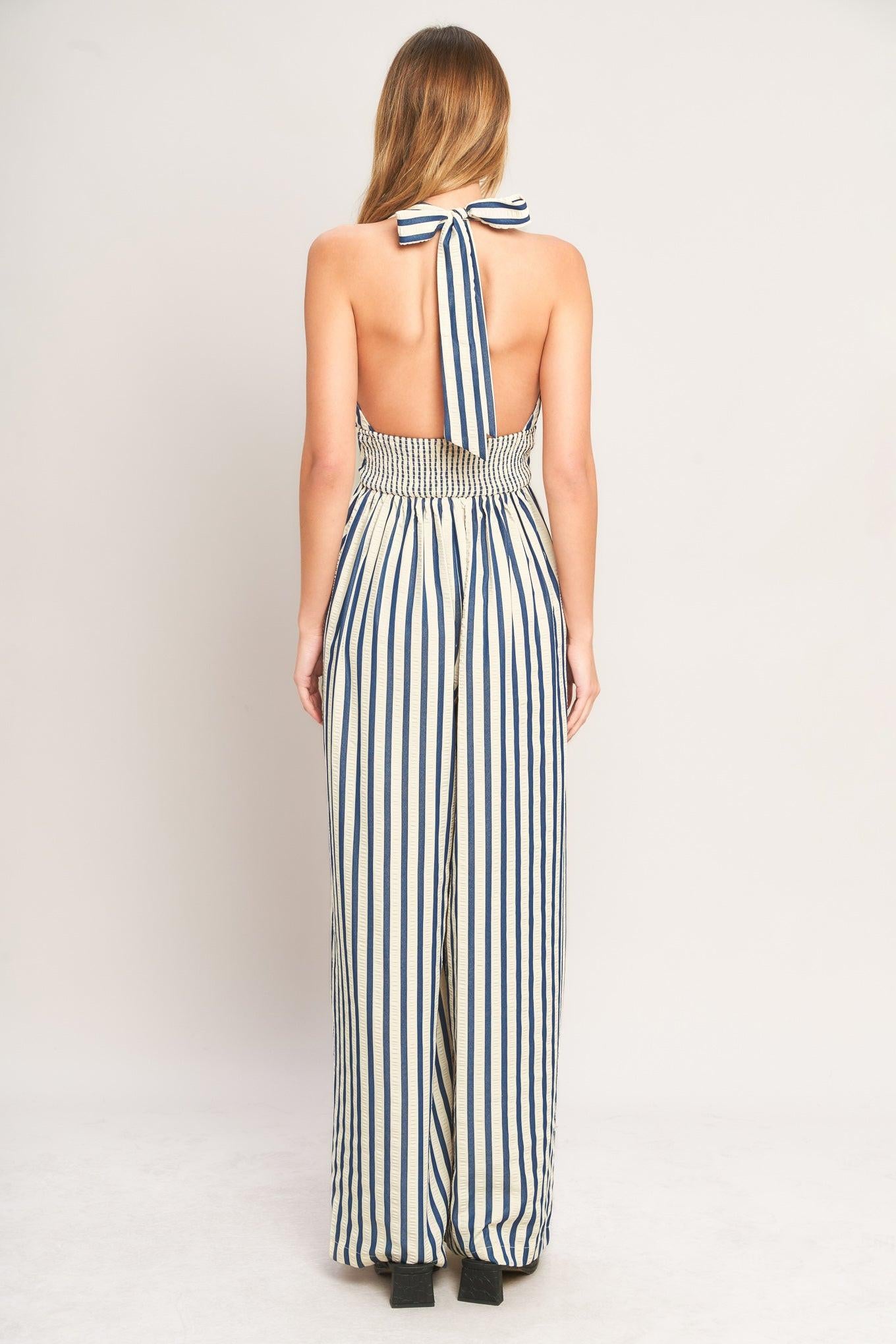 NAUTICAL BREEZE STRIPE WOVEN JUMPSUIT.