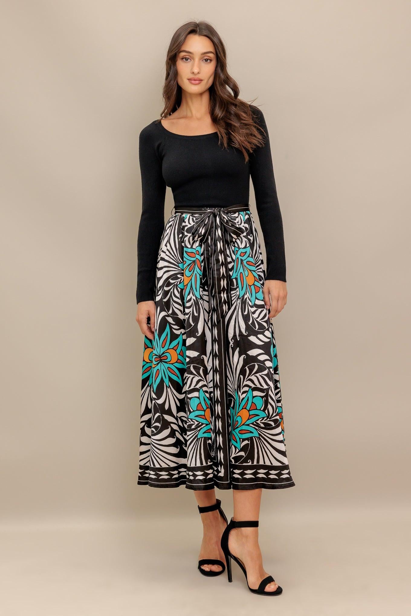 SUNBURST GARDEN BLACK MIDI DRESS.