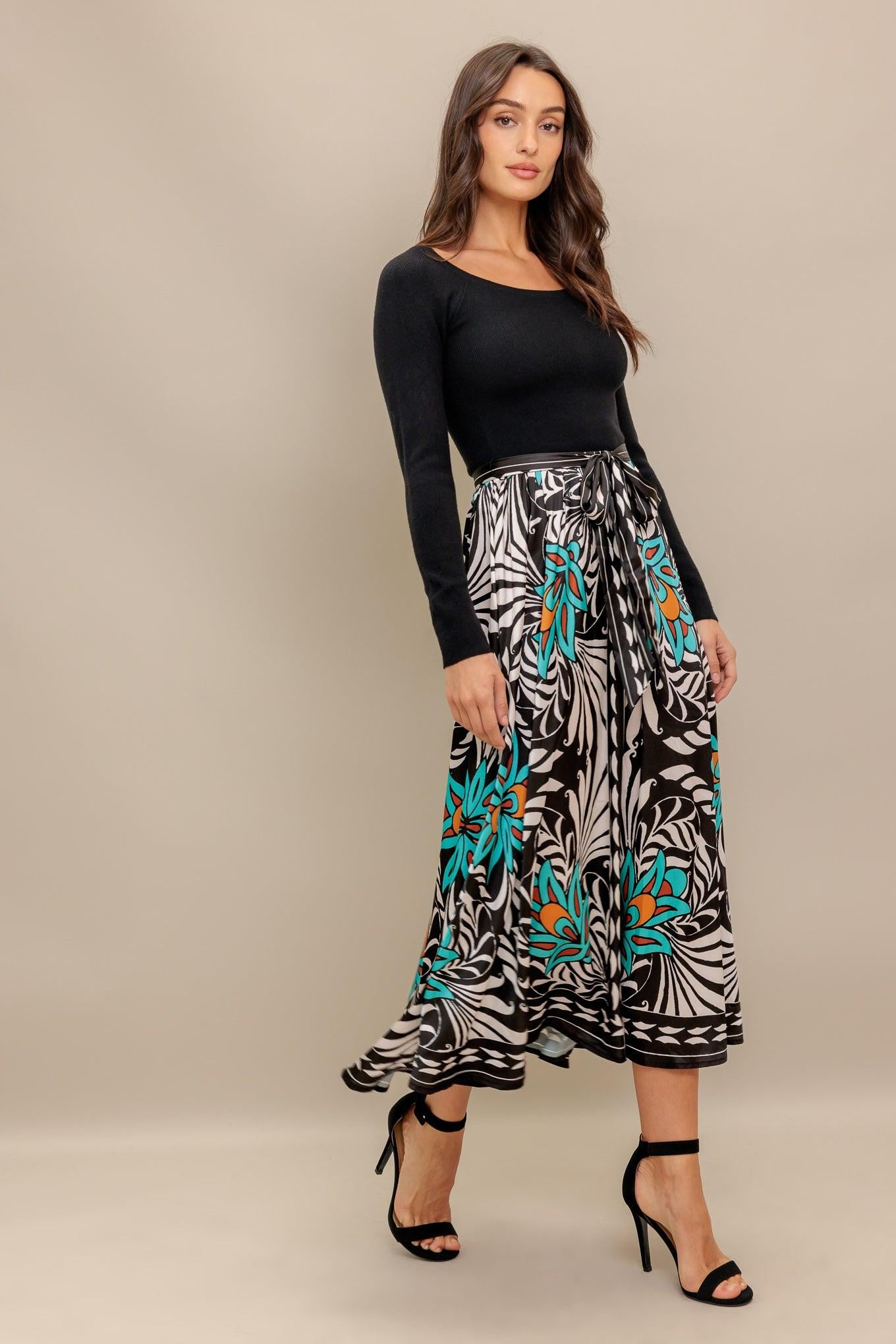 SUNBURST GARDEN BLACK MIDI DRESS.