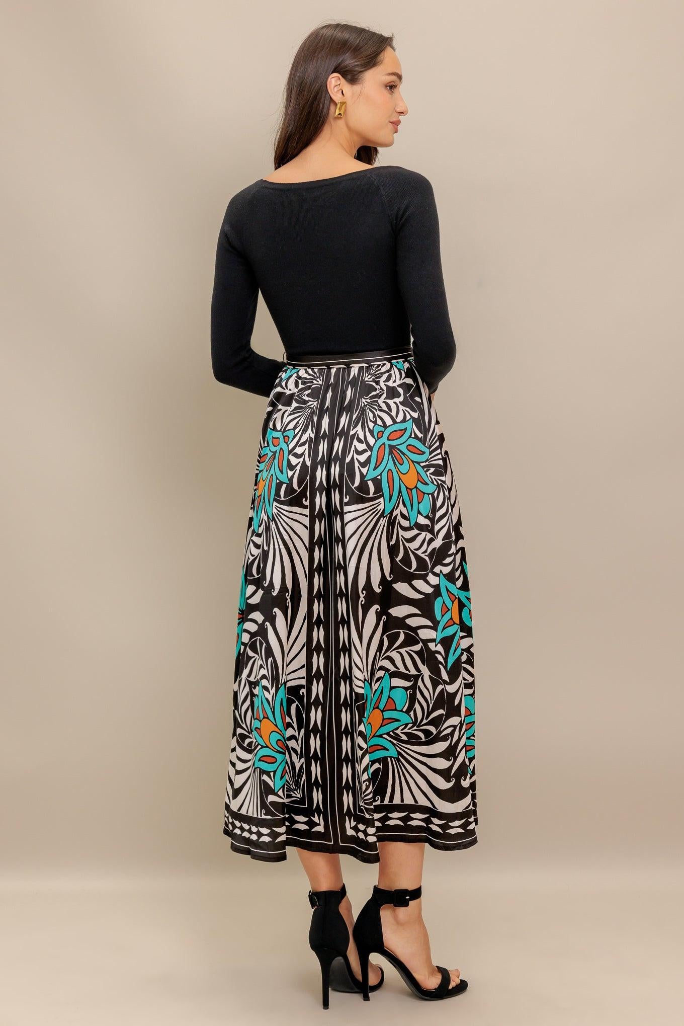 SUNBURST GARDEN BLACK MIDI DRESS.