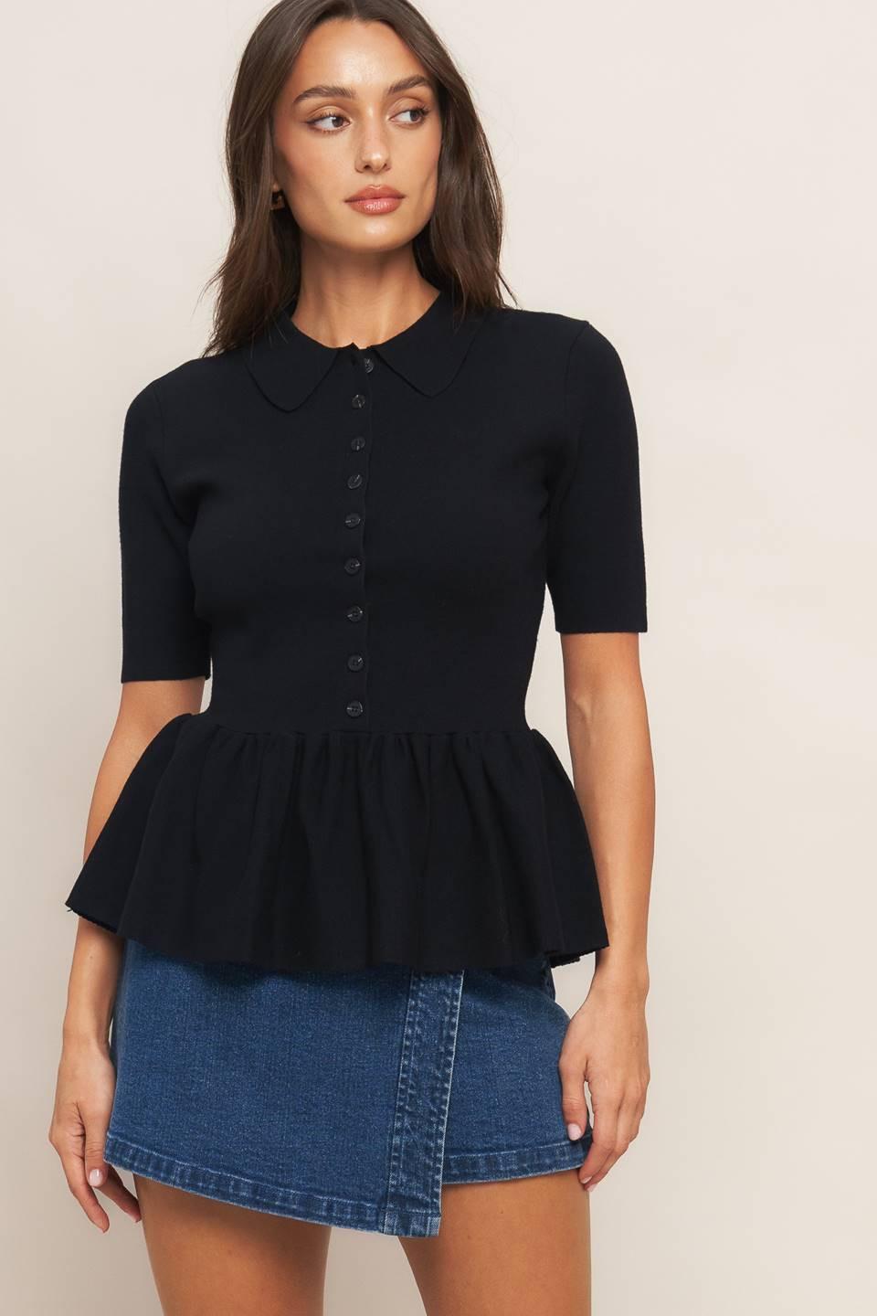 SWEET SERENADE BLACK WOVEN TOP.