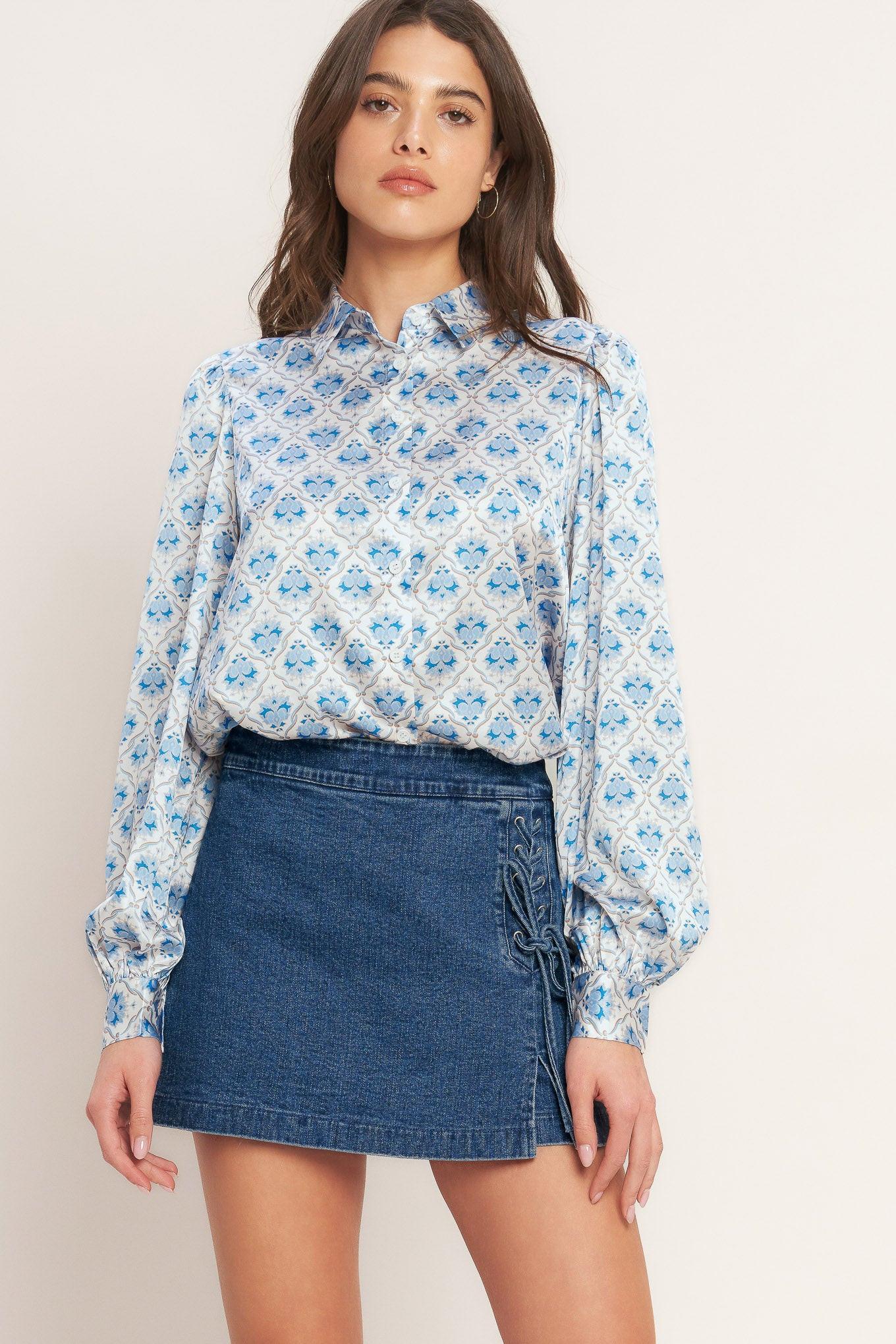 MOROCCAN MUSE BLUE WOVEN TOP.