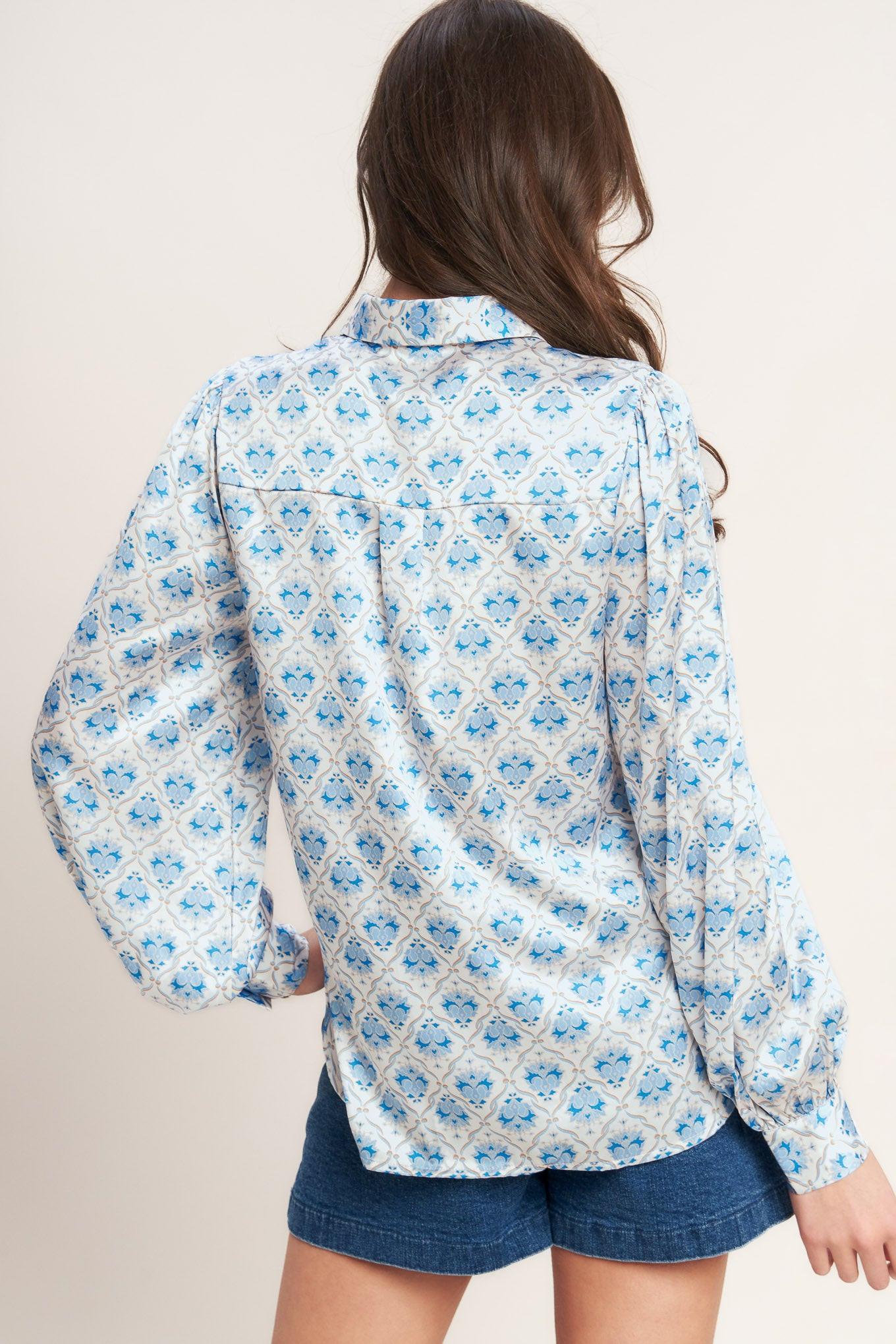 MOROCCAN MUSE BLUE WOVEN TOP.