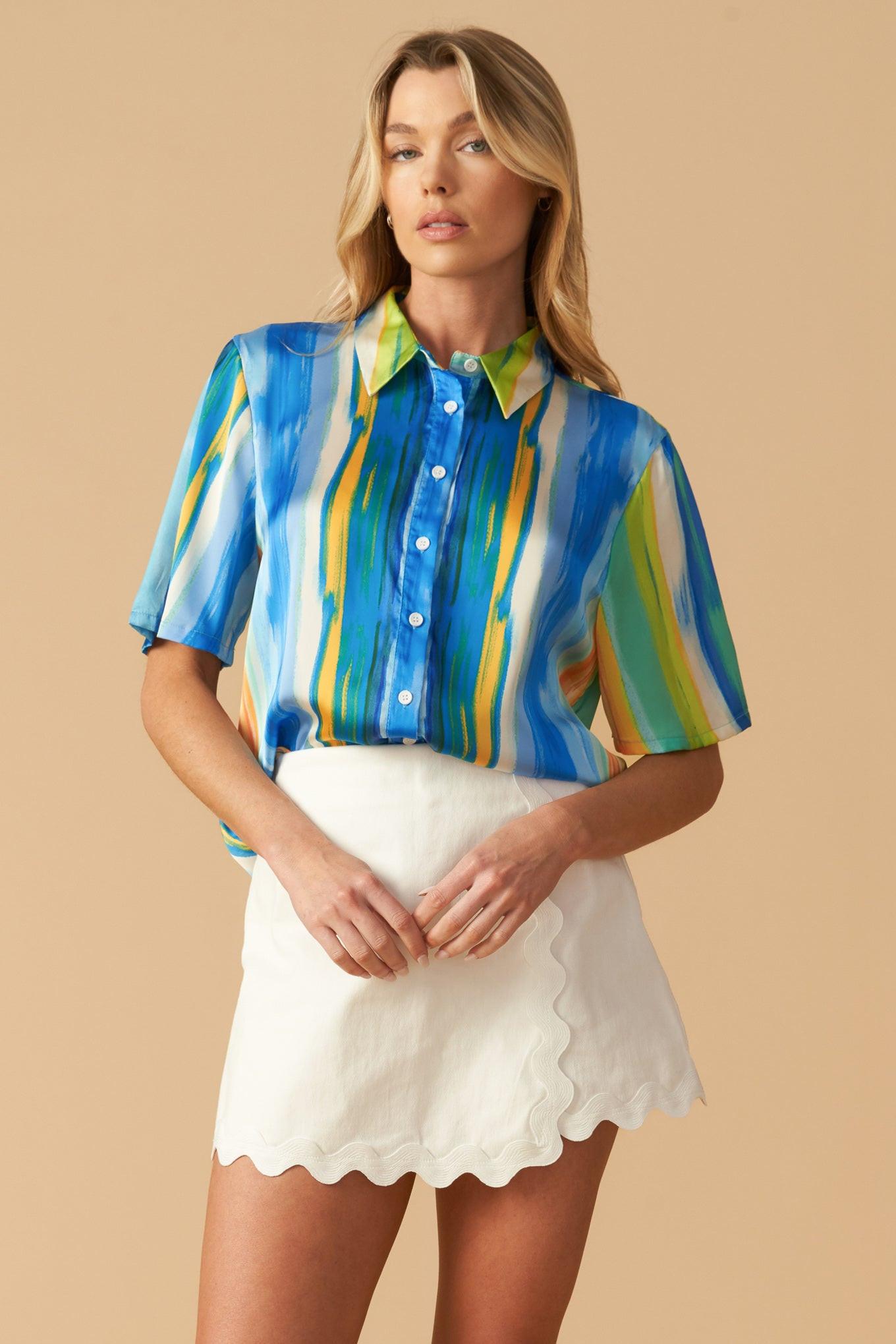 TAKE ME DANCING WOVEN SATIN TOP.