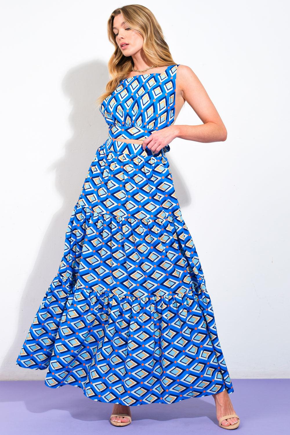 SUMMER JOURNEY WOVEN TOP AND SKIRT SET.