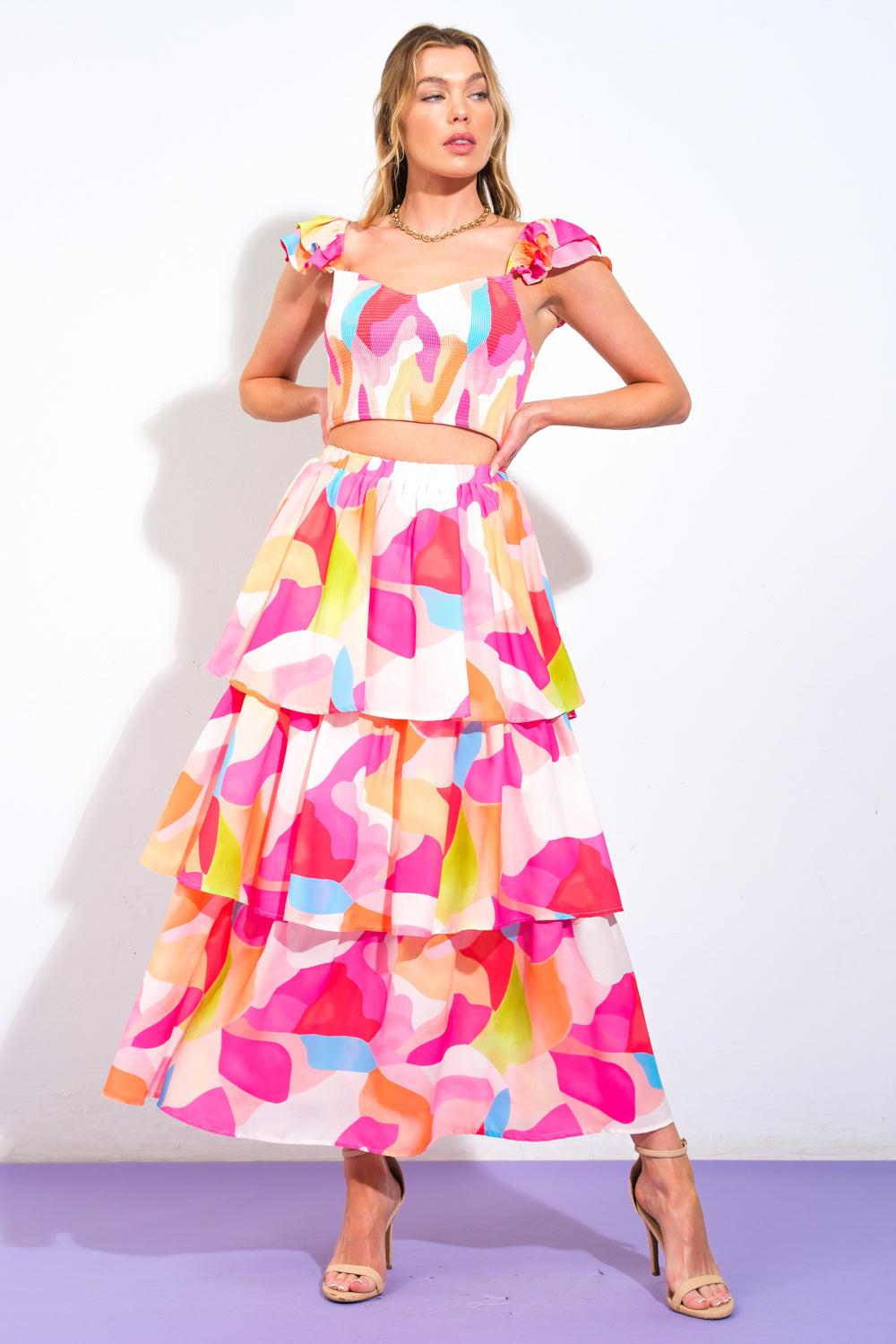 ABSOLUTE EDGE PINK WOVEN TOP AND SKIRT.