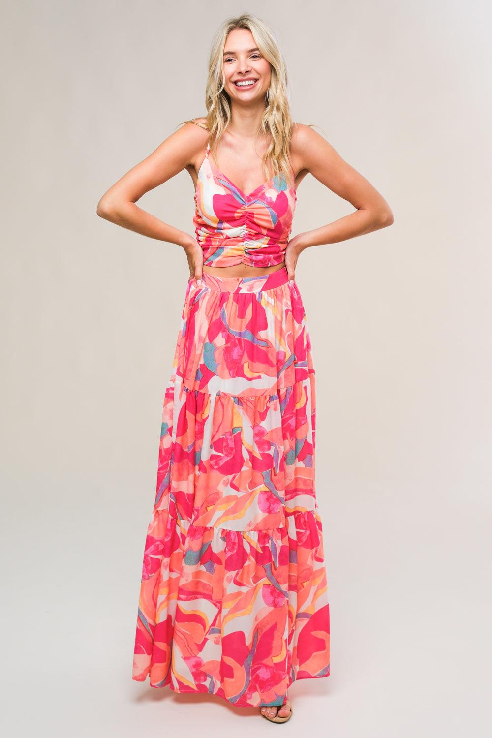 ROMANTICALLY SPEAKING WOVEN TOP AND SKIRT SET.