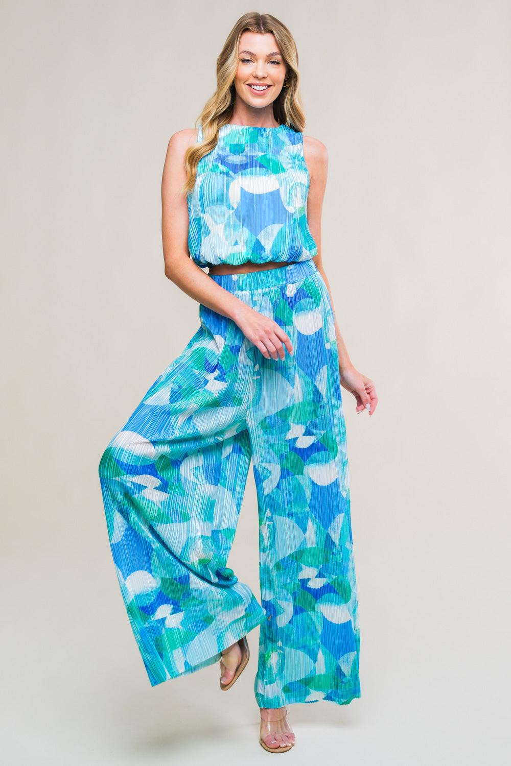 MARITIME MUSE WOVEN PLISSE TOP AND PANT SET.