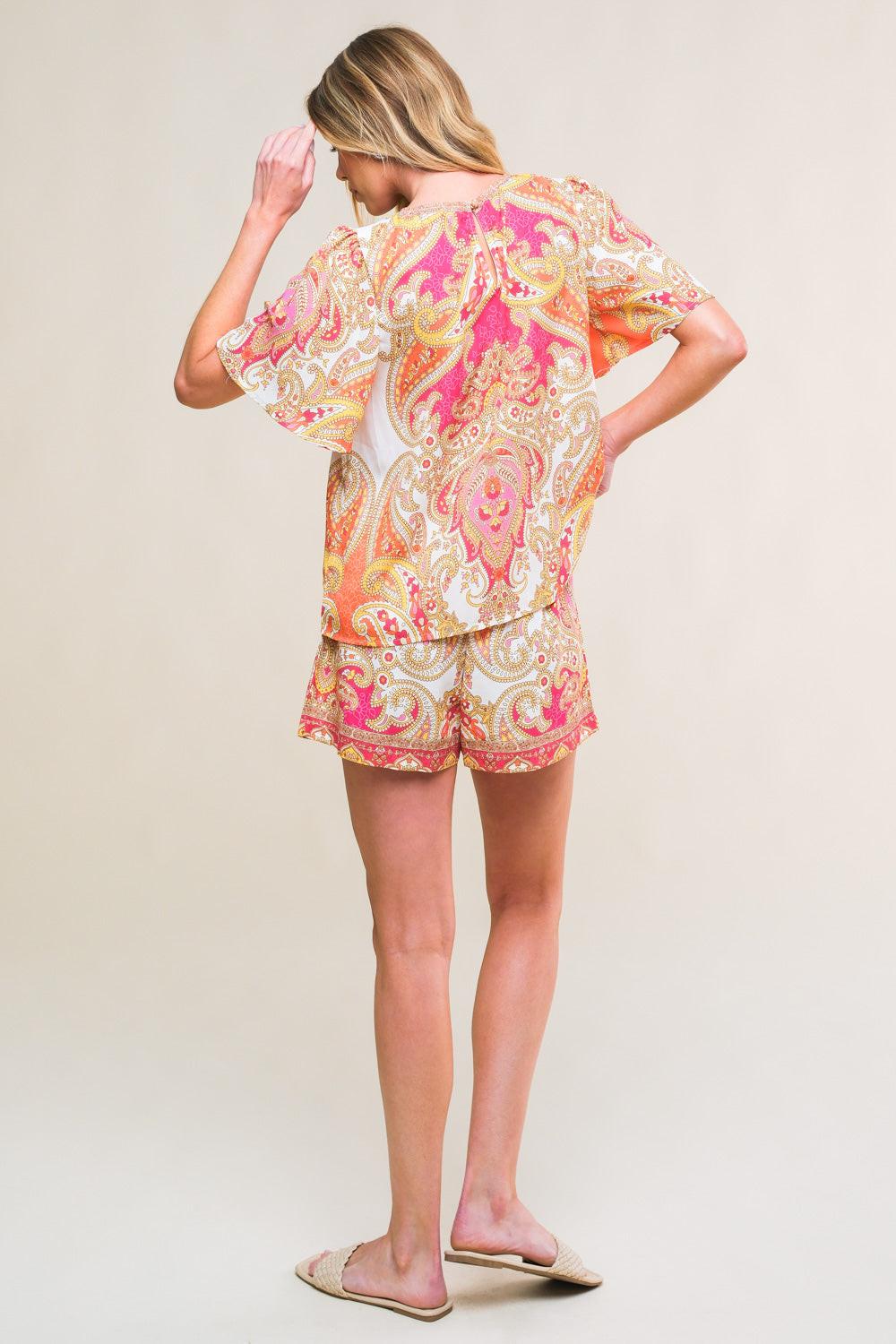 SCARLET SYMPHONY WOVEN TOP AND SHORT SET.