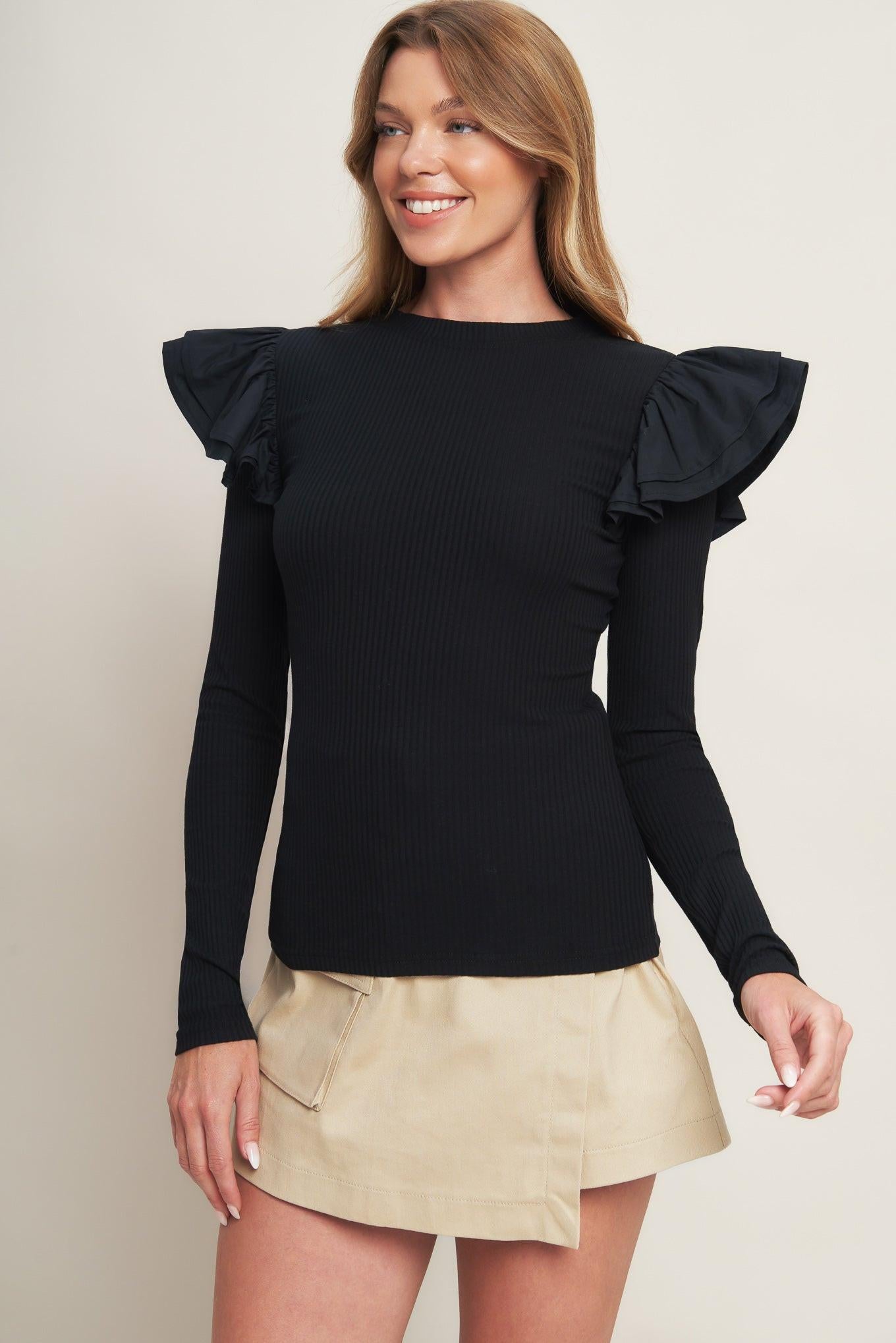 HAPPIEST HERE BLACK KNIT TOP.