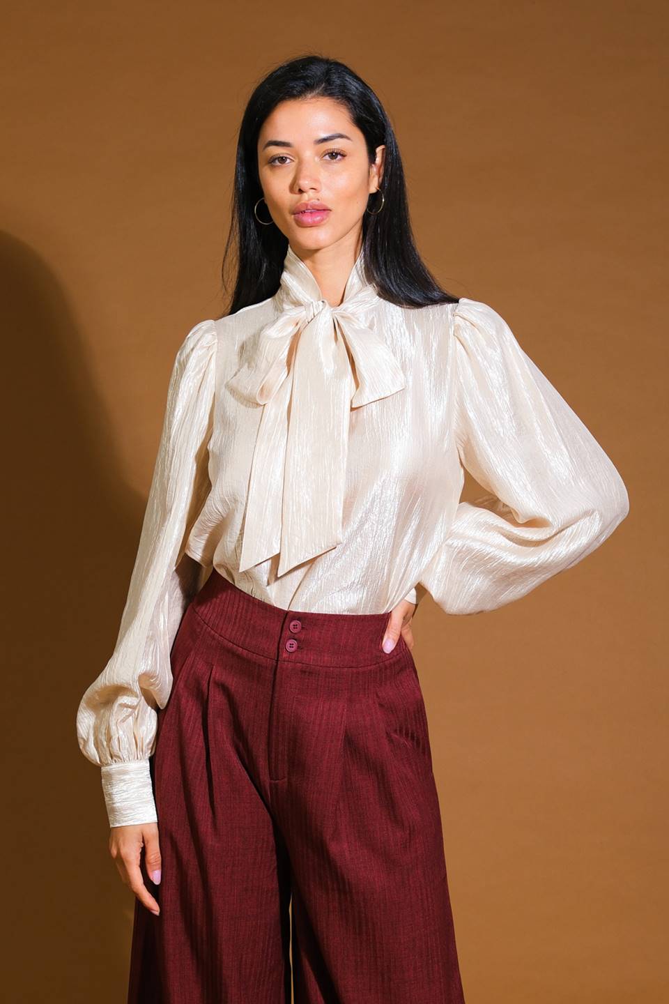 A woven top featuring front bow tie and long blouson sleeve with cuff
Details:
Self : 34% Tencel 34% Nylon 32% Polyester 
Size & Fit
- Model is 5`8" And Wearing Size Small
- Measurements Taken From Size Small
- Approx. Length: 23"