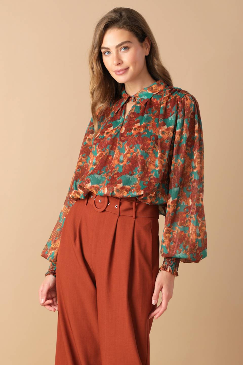 NOSTALGIC TEAL BROWN WOVEN TOP