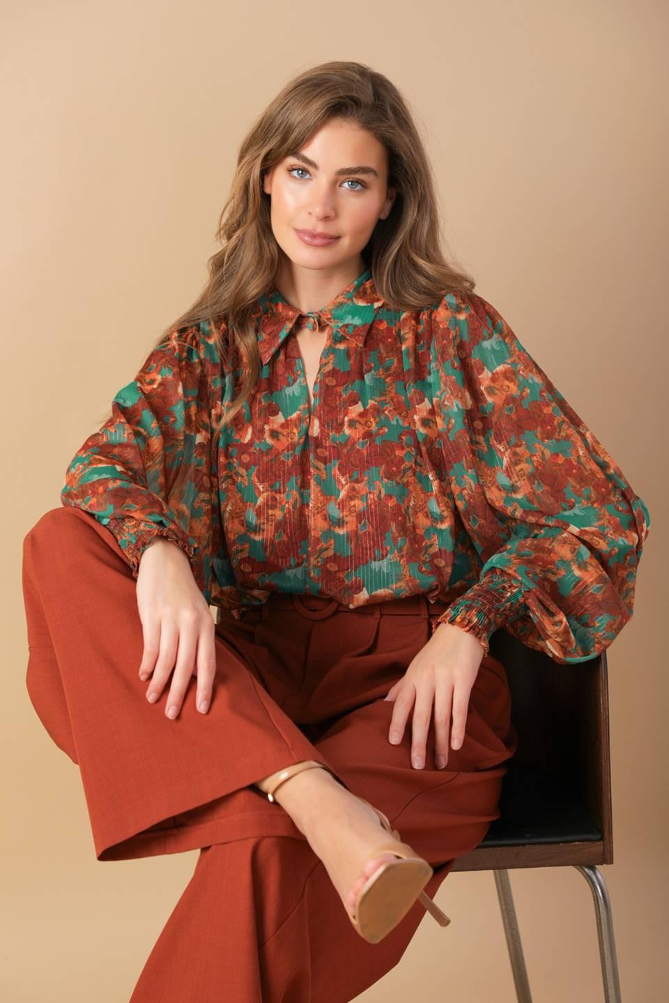 NOSTALGIC TEAL BROWN WOVEN TOP.