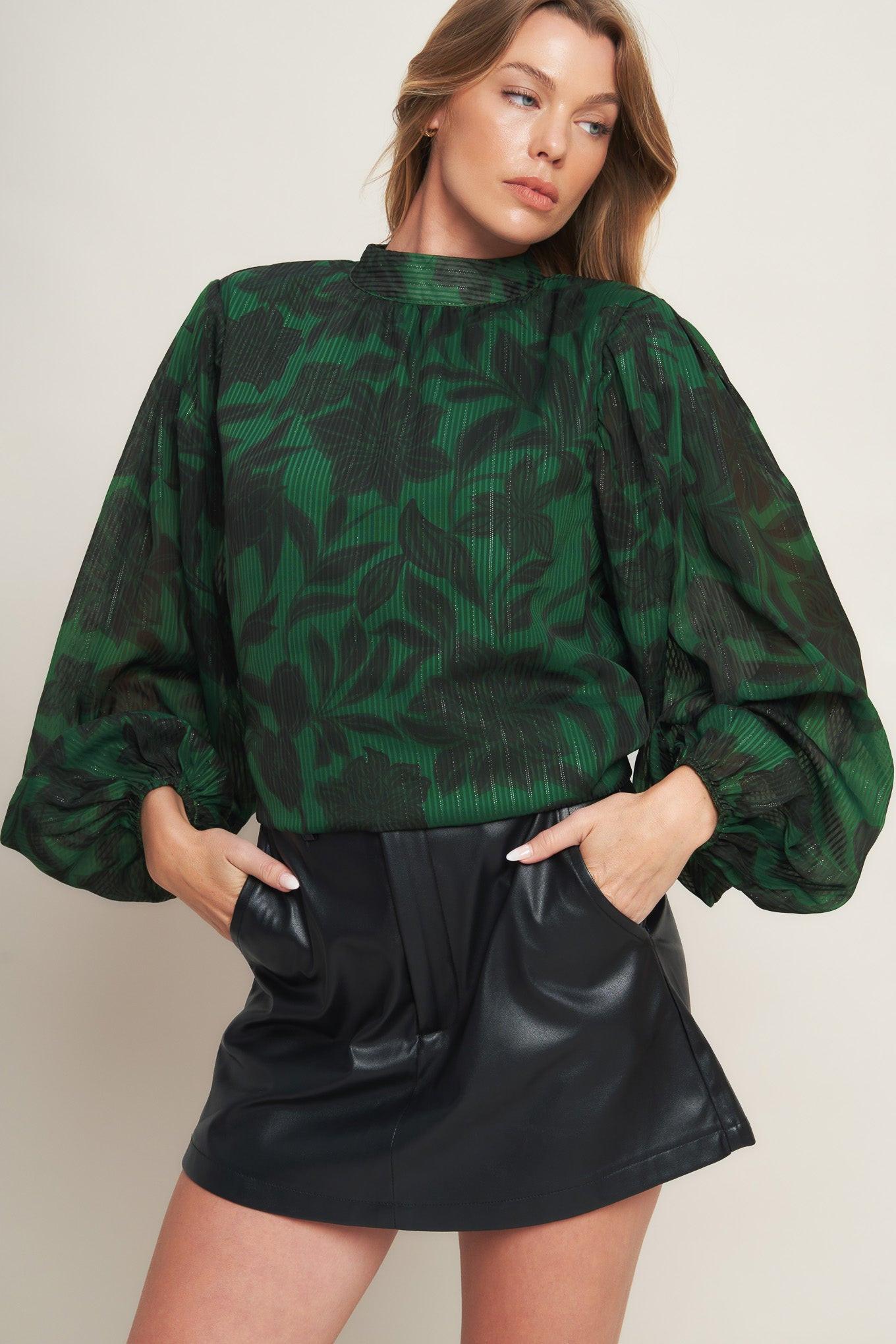 NOIR LEAF GREEN WOVEN TOP - Flying Tomato - TOPS - Flying Tomato