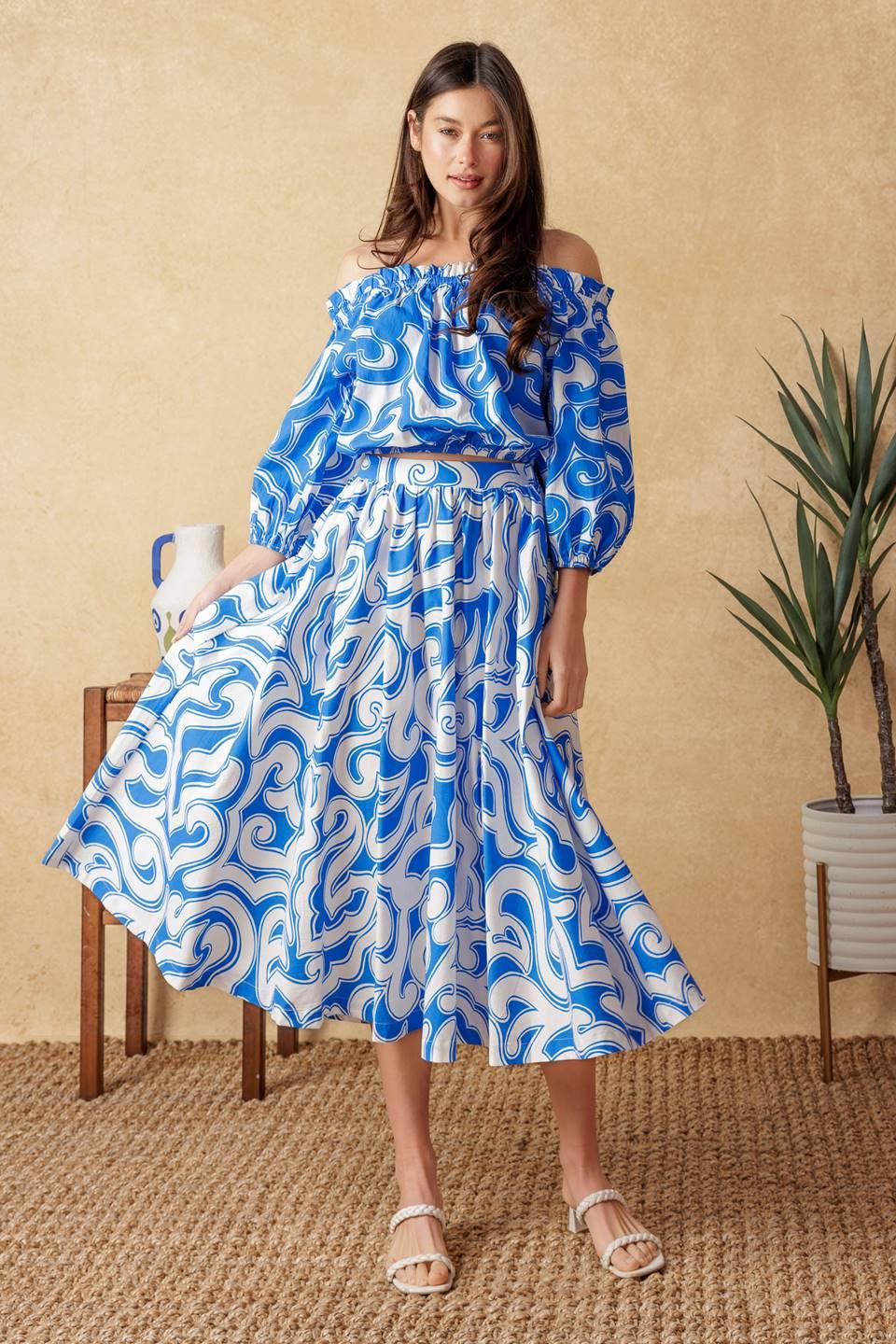 SUNSET SASHAY BLUE TOP AND SKIRT SET.