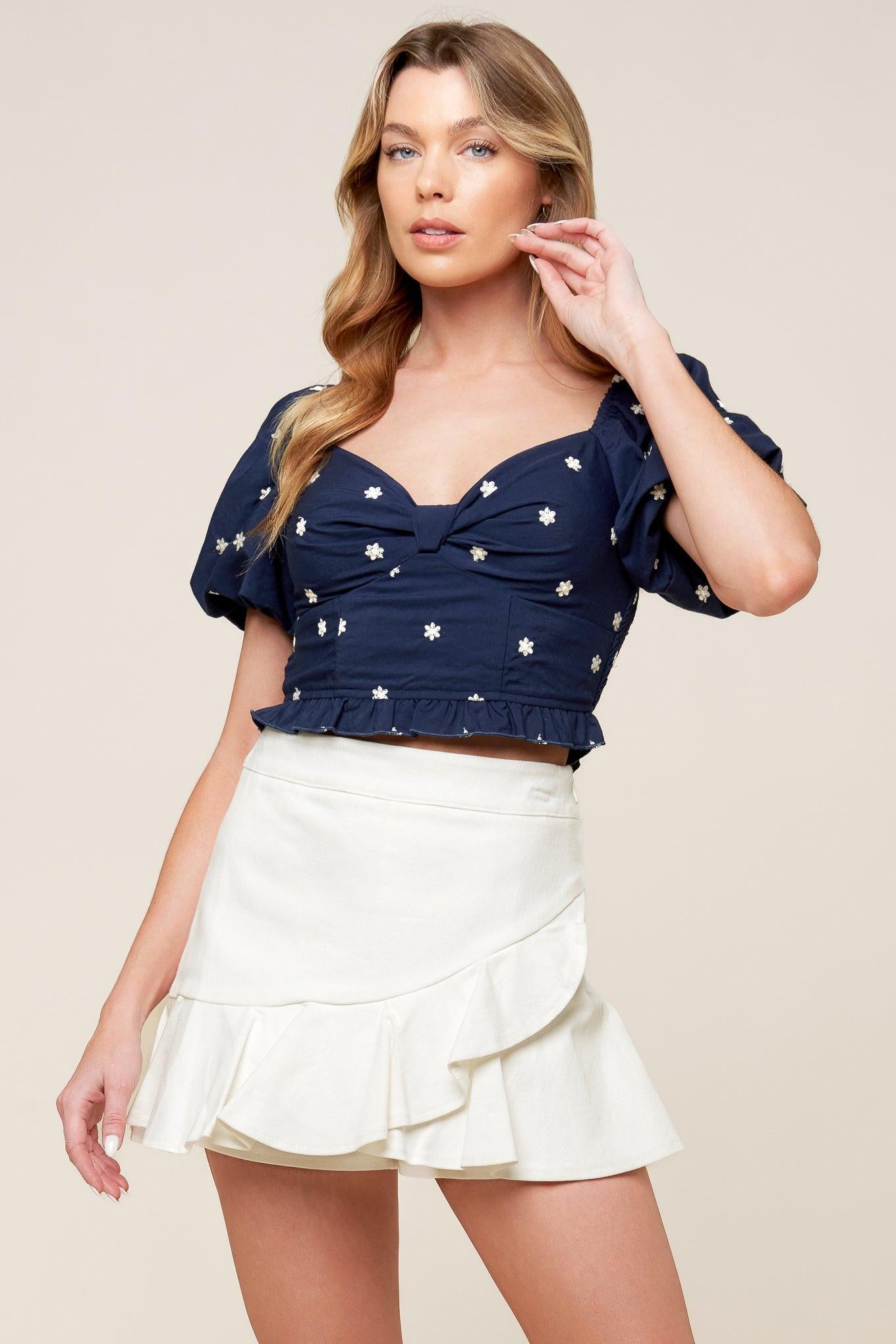 BEBE ALERT NAVY WOVEN TOP.