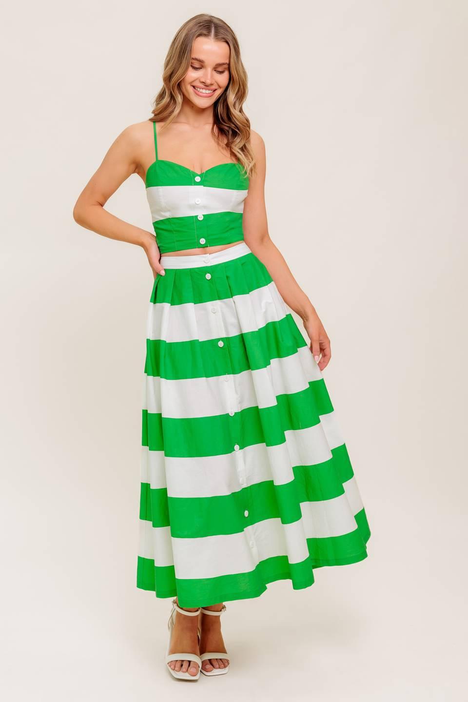 INFINITE FLARE GREEN WOVEN TOP AND SKIRT SET.