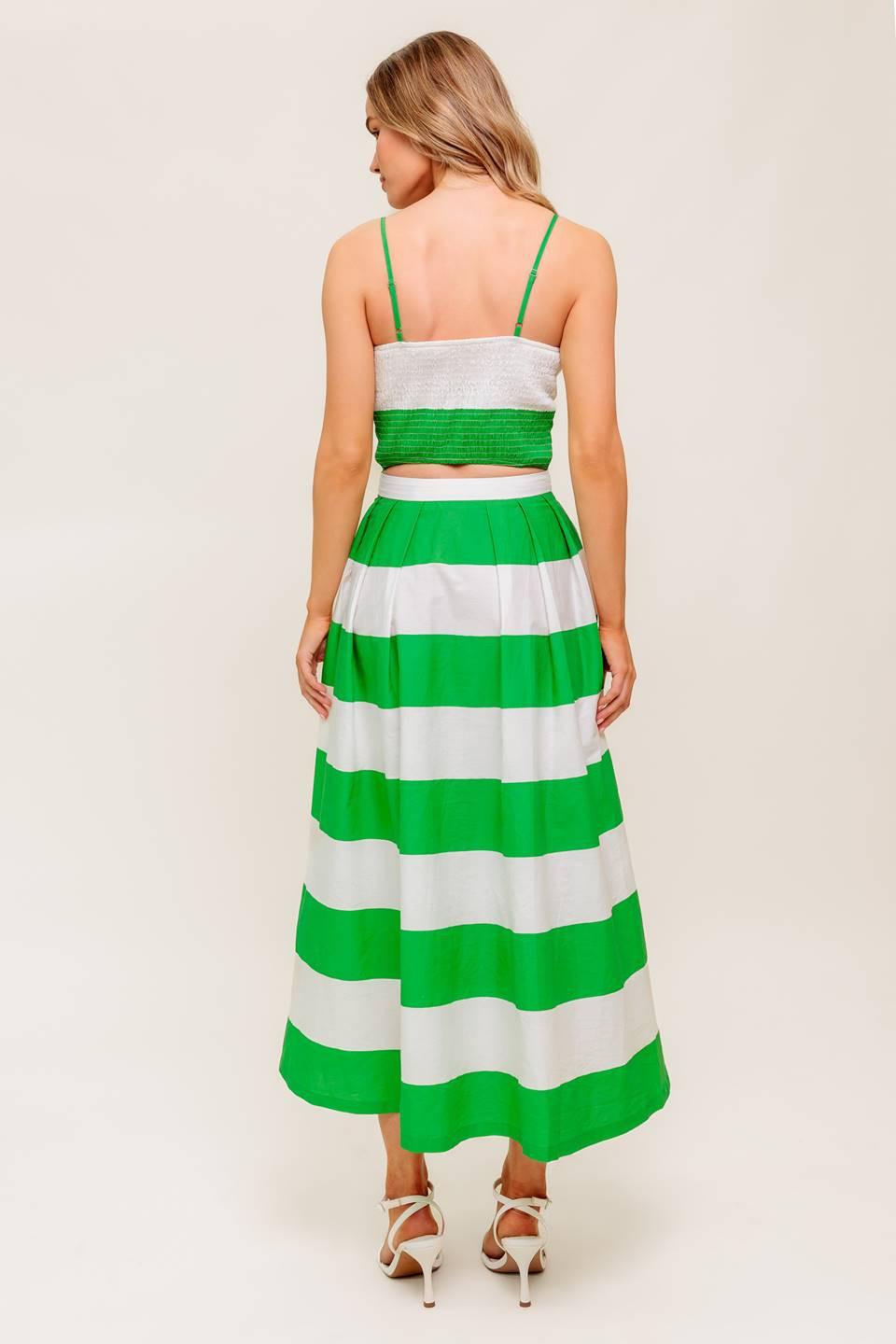 INFINITE FLARE GREEN WOVEN TOP AND SKIRT SET.