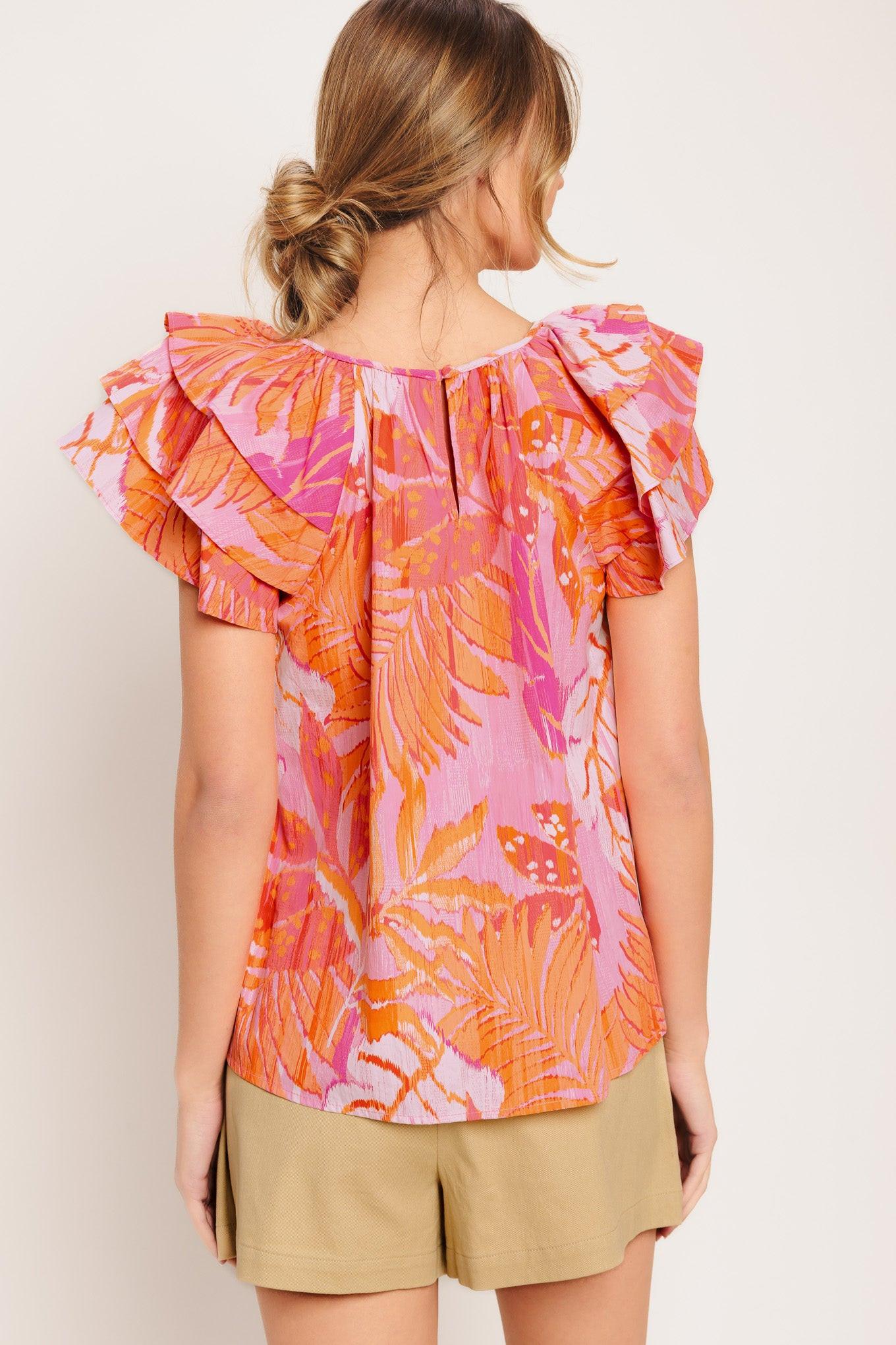 A printed woven top featuring round neckline, layered flutter sleeve and back neck button closure
Details:
Self : 100% Cotton
Size & Fit
- Model is 5`8" And Wearing Size Small
- Measurements Taken From Size Small
- Approx. Length: 26"