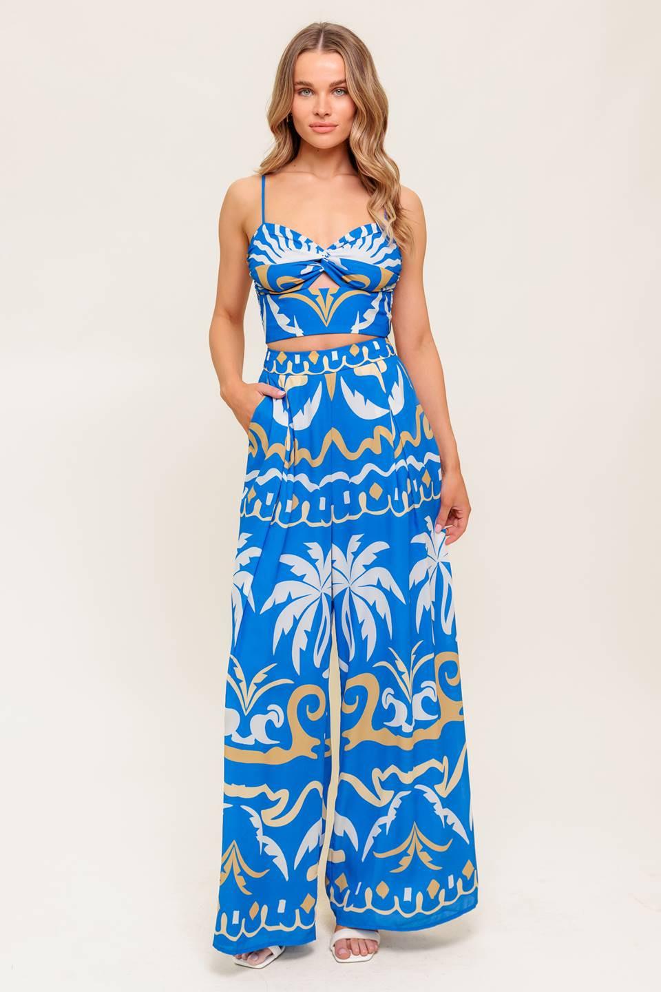 EVENING BLUE WOVEN CROP TOP AND PANT SET.