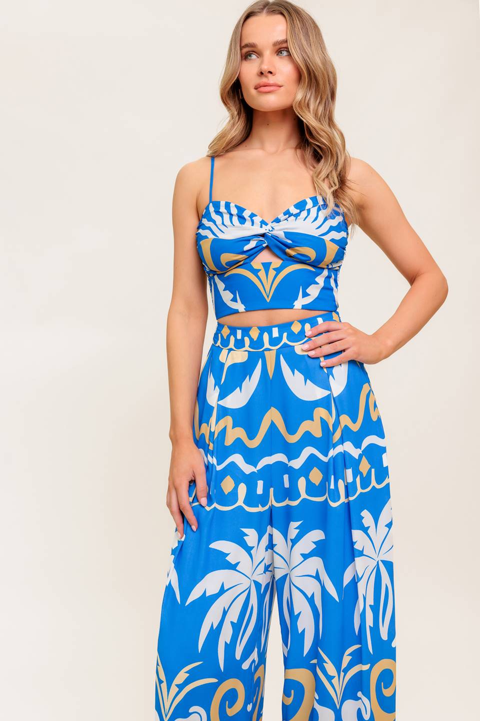A printed woven crop top and pant set. Top featuring sweetheart neckline, straps, twisted front with cut out and smocked back bodice. Matching wide pant with side zipper closure.
