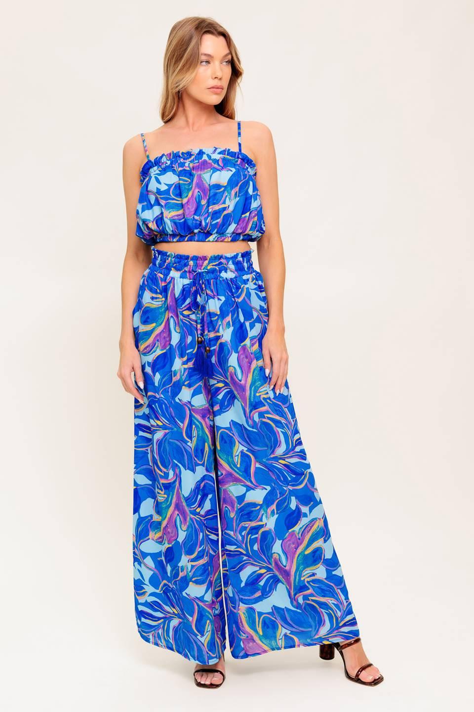CHERISHED KISS BLUE WOVEN TOP AND PANTS SET.