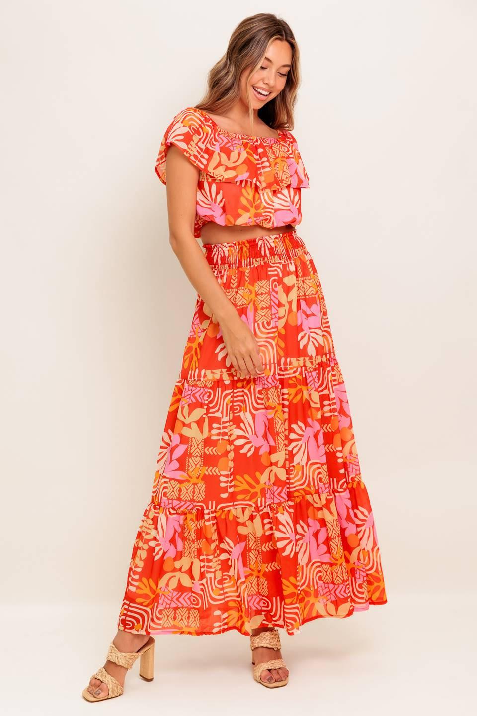 FAINT SUNBEAM RED WOVEN TOP AND SKIRT SET.