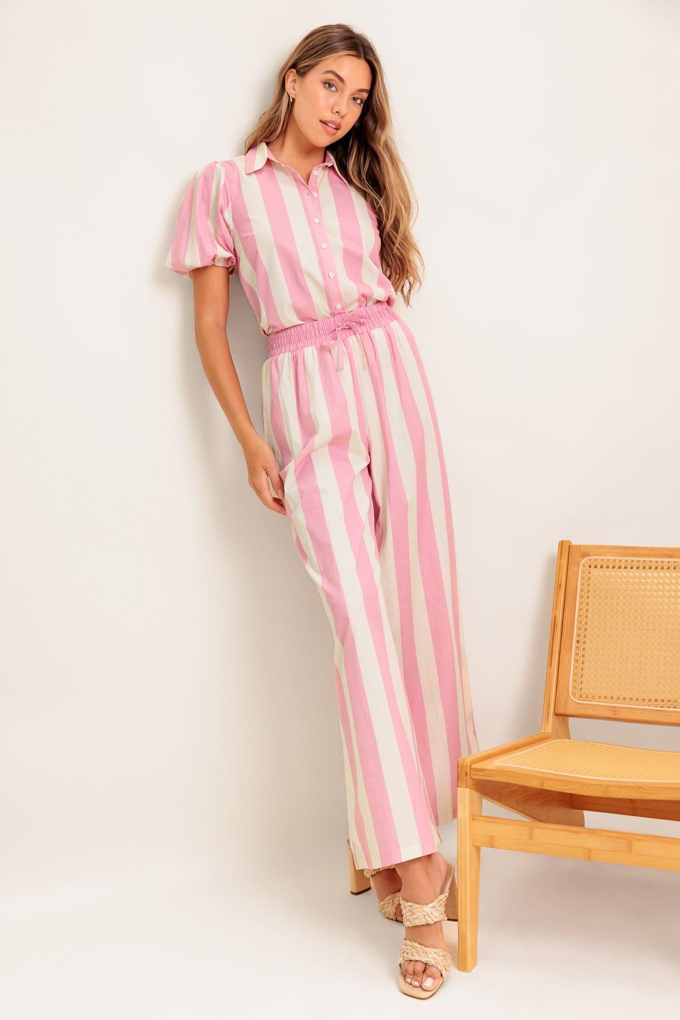 WINK & WALK STRIPE WOVEN TOP AND PANT SET.