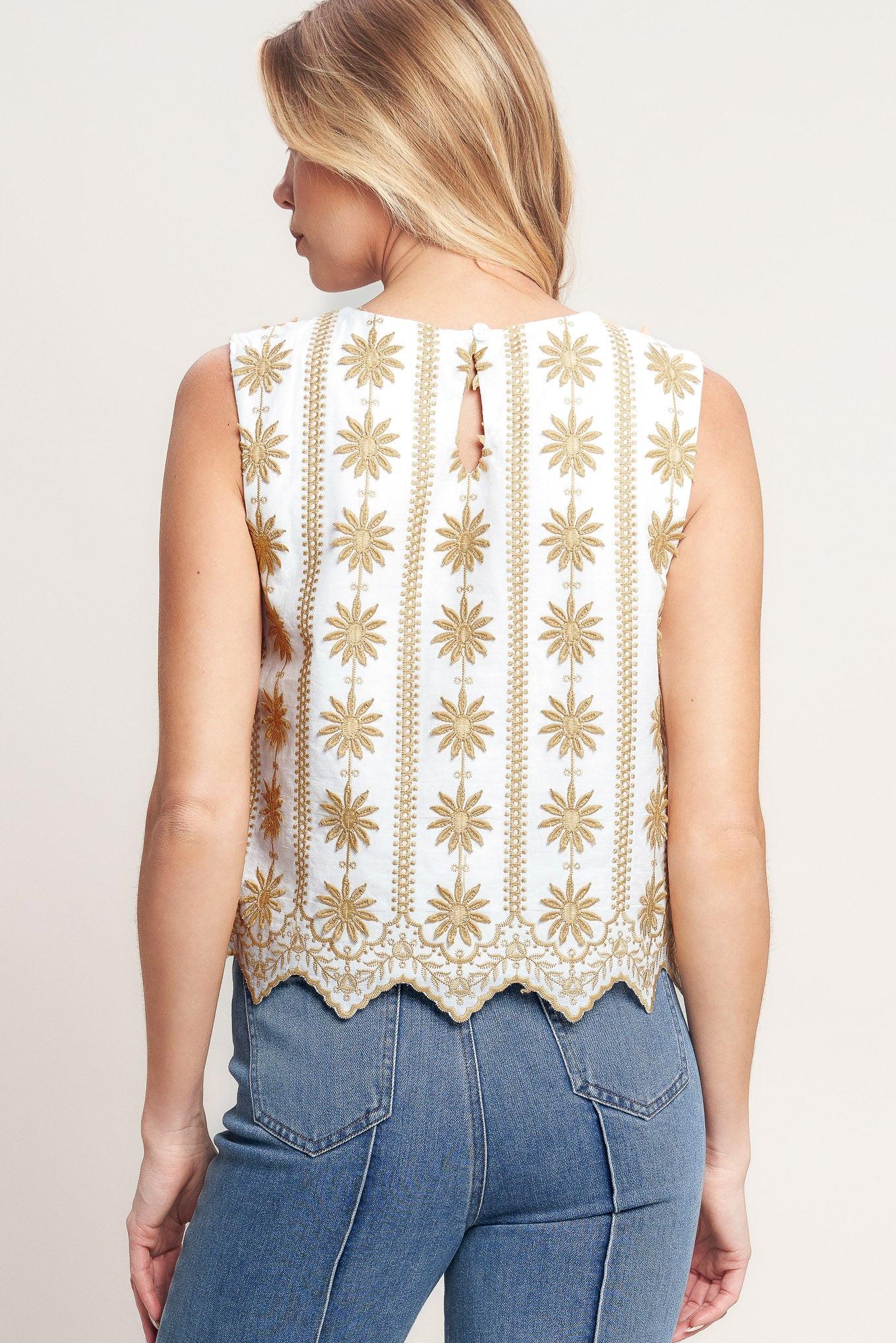 A woven embroidered top featuring round neckline, sleeveless and back neck button closure
Details:
Self: 100% Cotton
Lining: 100% Polyester
Size & Fit
-Model is 5`8" And Wearing Size Small
-Measurements Taken From Size Small
-Approx. Length: 21"