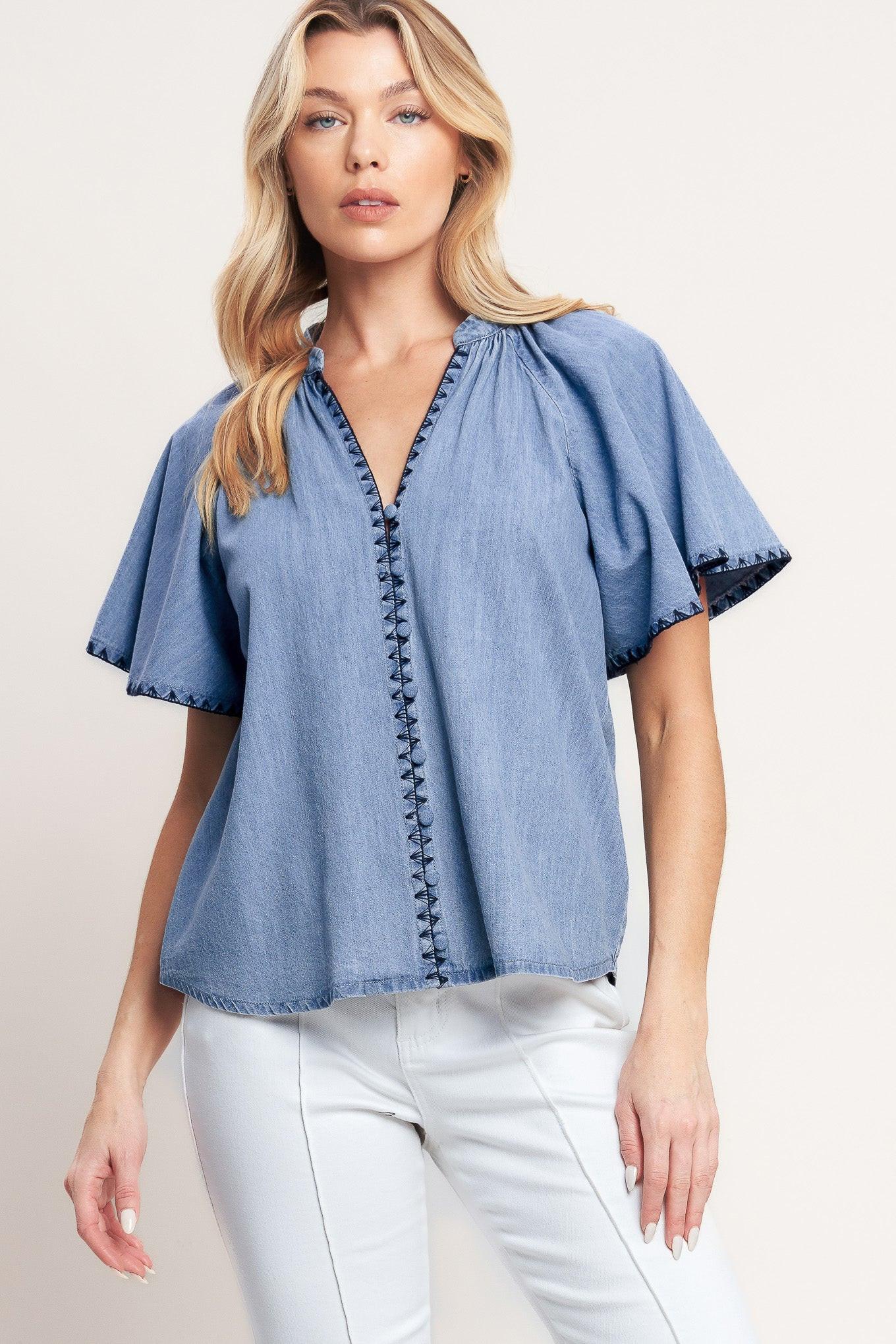 A solid woven top featuring V neckline, short flutter sleeve, button down and stitched edge
Details:
Self: 90% Cotton 10% Polyester
Size & Fit
-Model is 5`8" And Wearing Size Small
-Measurements Taken From Size Small
-Approx. Length: 25"