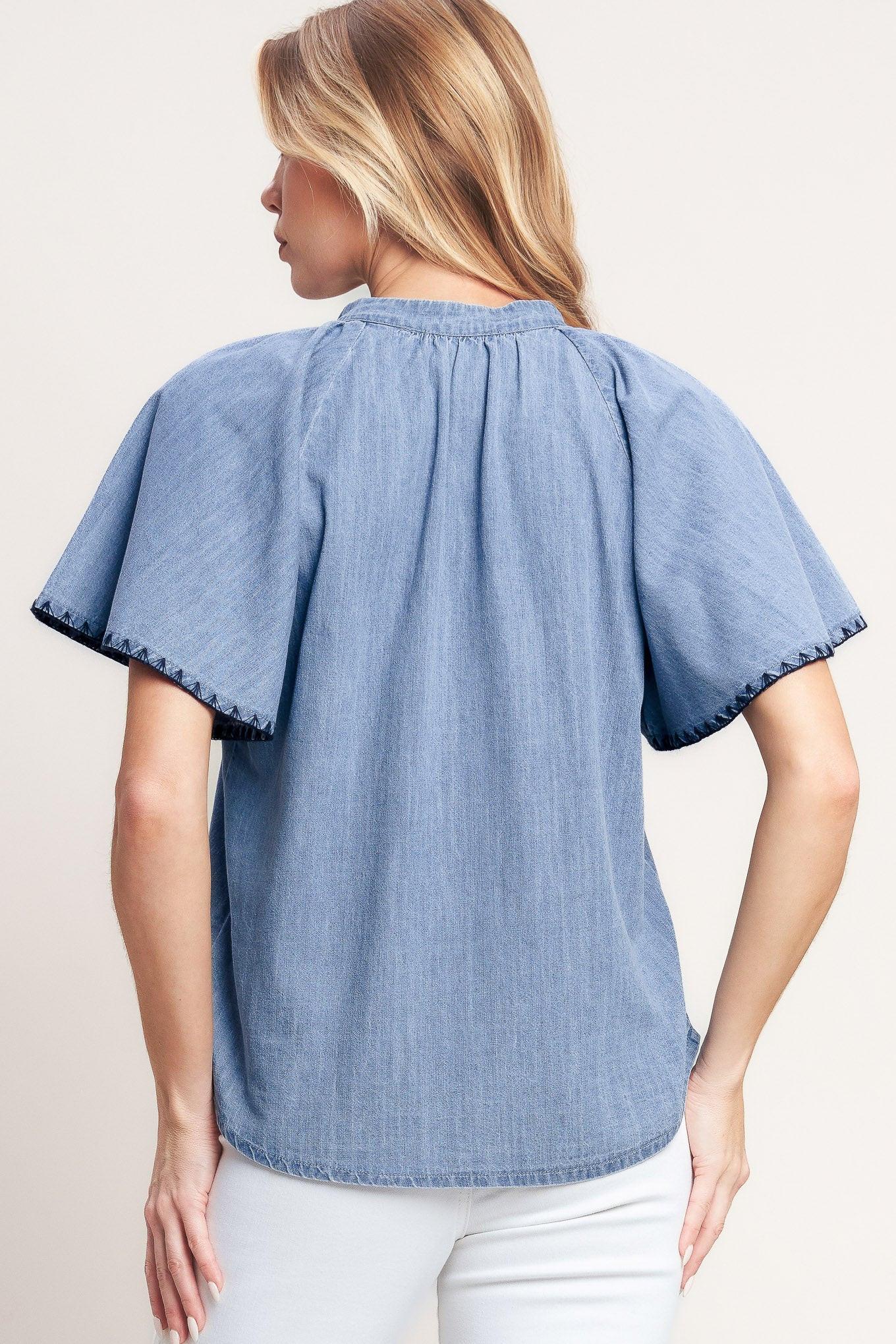 A solid woven top featuring V neckline, short flutter sleeve, button down and stitched edge
Details:
Self: 90% Cotton 10% Polyester
Size & Fit
-Model is 5`8" And Wearing Size Small
-Measurements Taken From Size Small
-Approx. Length: 25"