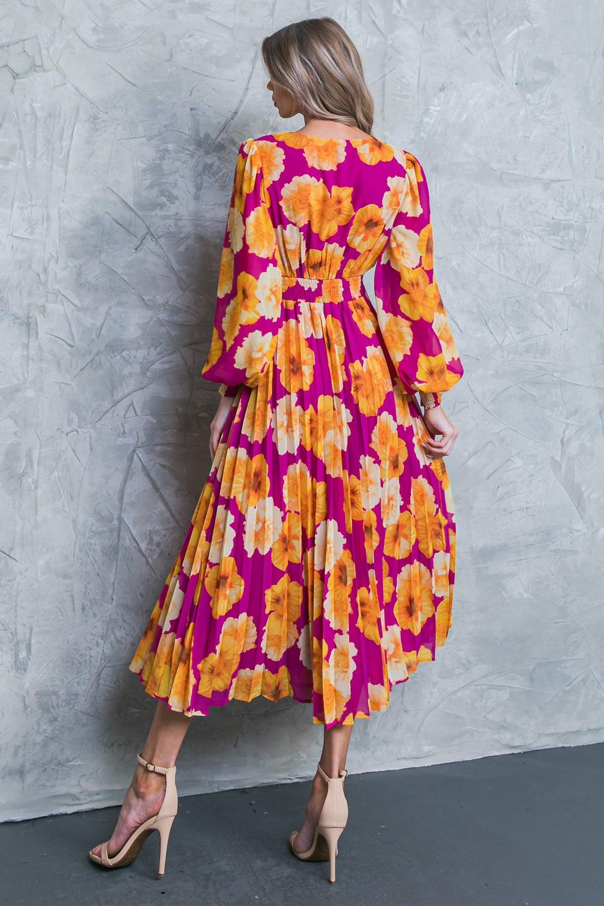 LOOK AT HER FLORAL WOVEN MIDI DRESS.