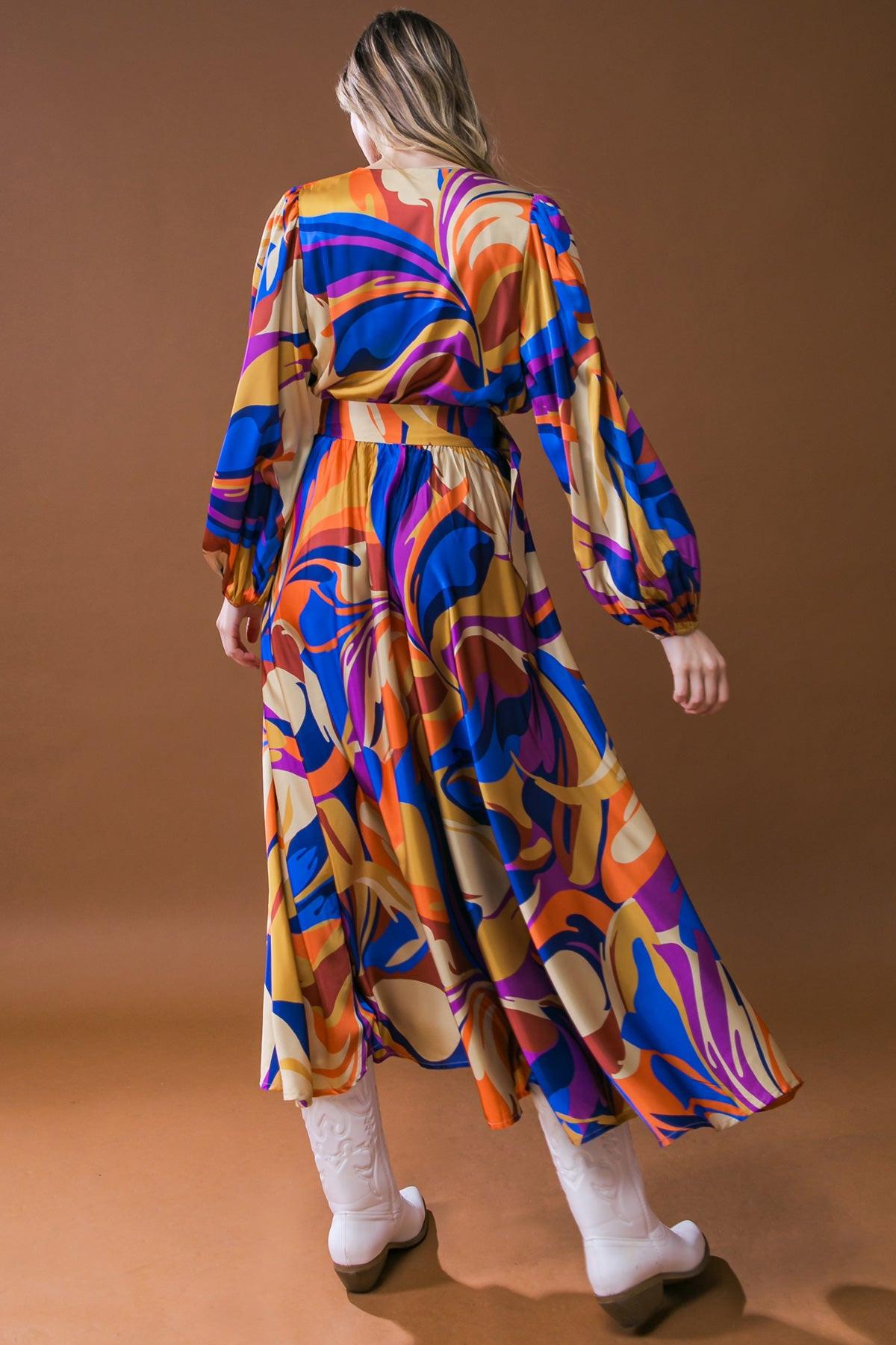 BOLD ADVENTURES WOVEN SATIN MIDI DRESS.
