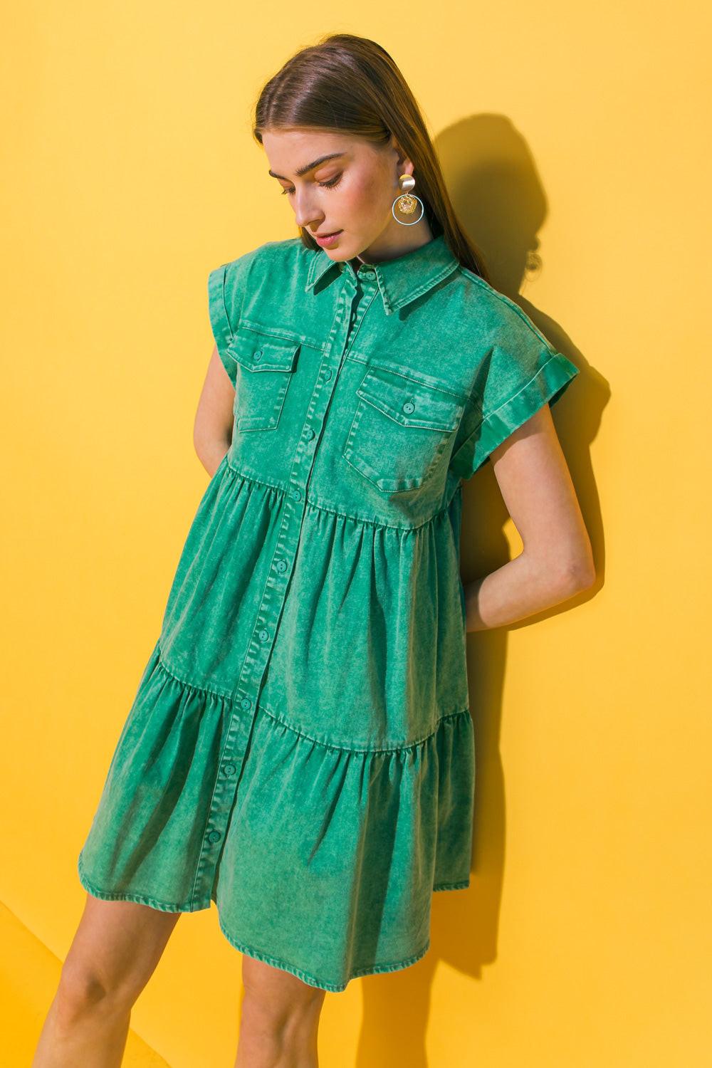 NO DULL MOMENTS DENIM MINI DRESS.