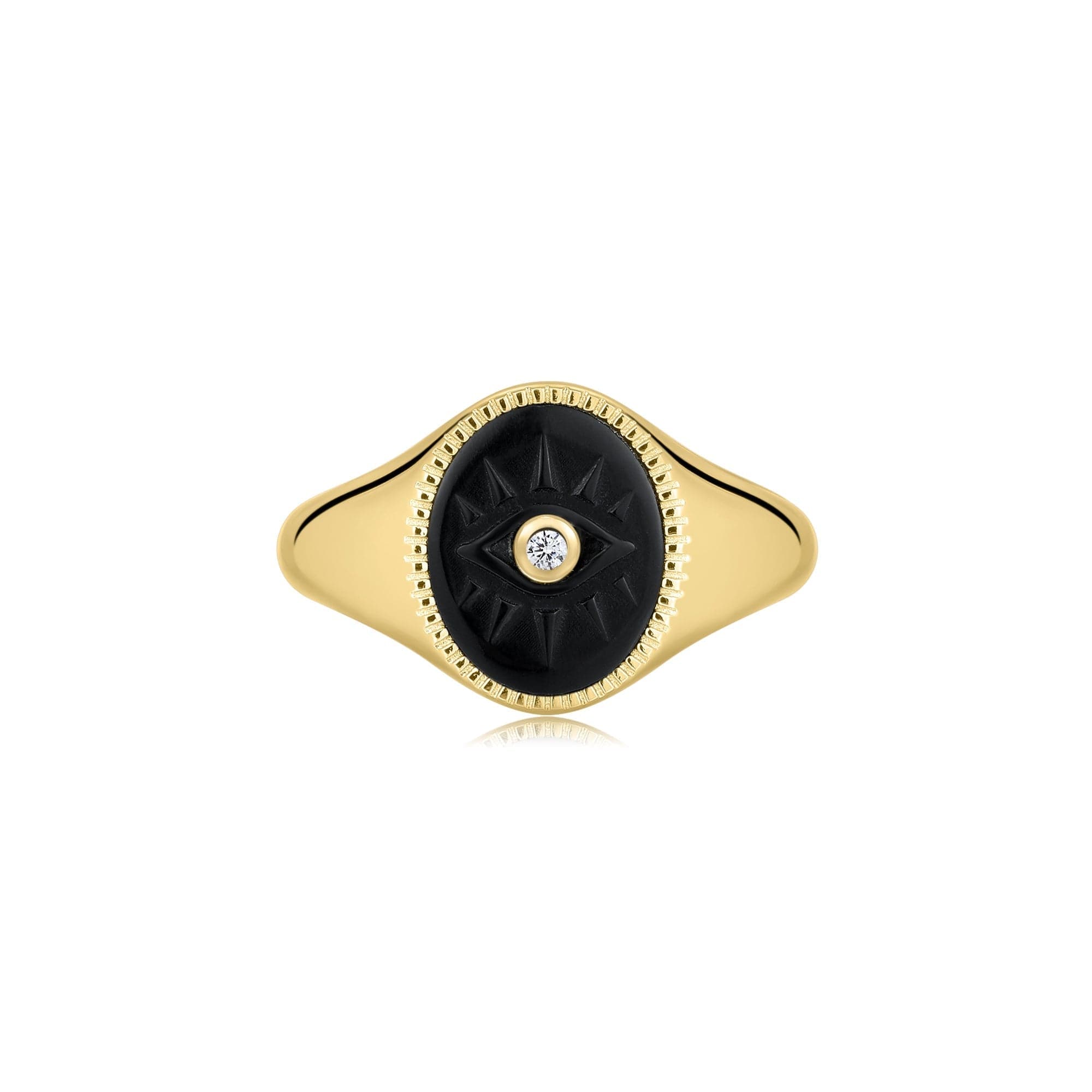 Evil Eye Signet Ring with Black Turquoise & Cz Center Stone